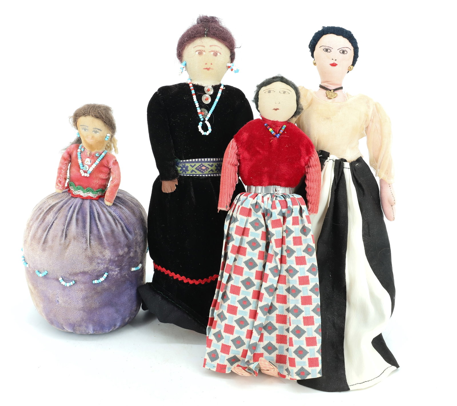 LOT OF (4) HANDMADE DOLLS: CLOTH AND VELVET DOLLS WITH HANDMADE CLOTHING AND SOME BEADWORK. 8" TO 11" H. PLEASE READ CAREFULLY - ITEMS MUST BE PAID FOR THROUGH LIVE AUCTIONEERS OR WITH CASH OR CHECK IN PERSON - Terms for