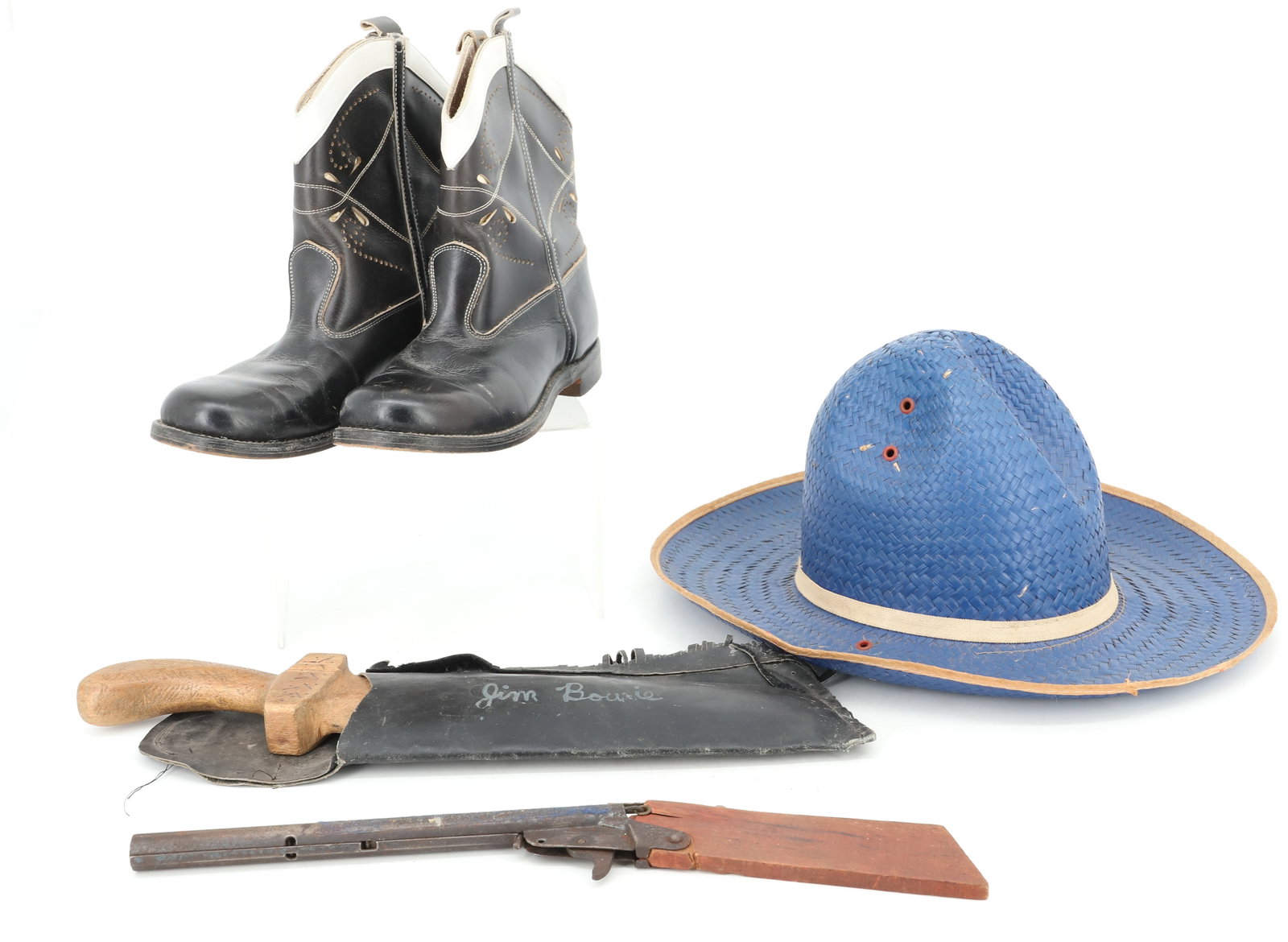 VINTAGE CHILD"S BOOTS, WOODEN KNIFE, TOY GUN AND HAT: BLACK COWBOY BOOTS MRKD. GOODYEAR ON HEELS. 9 1/4" L. WOODEN JIM BOWIE KNIFE IN SHEATH. TOY GUN AND BLUE SUNSHADE ADJUSTABLE HAT. PLEASE READ CAREFULLY - ITEMS MUST BE PAID FOR THROUGH LIVE