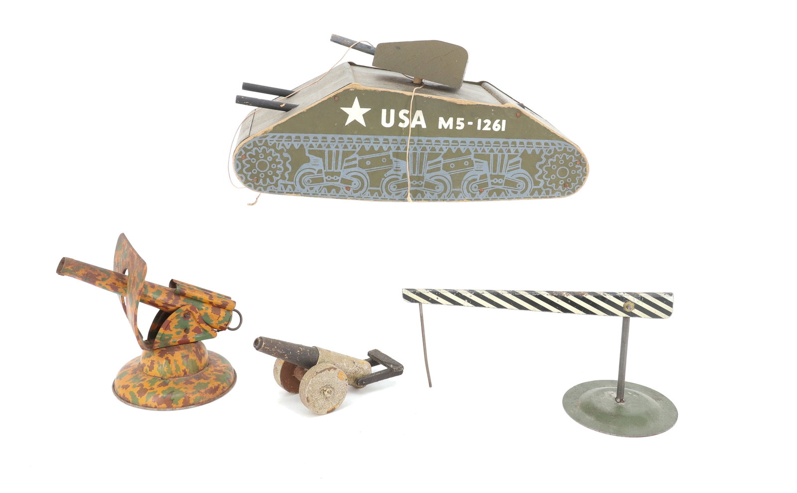 LOT OF TOY MILITARY ITEMS: INCLUDING: PAINTED WOODEN TANK 10 1/2" L. AND CANNON. TIN LITHO CAMOUFLAGE GUN AND CHECKPOINT BARRIER. PLEASE READ CAREFULLY - ITEMS MUST BE PAID FOR THROUGH LIVE AUCTIONEERS OR WITH CASH OR CHECK IN