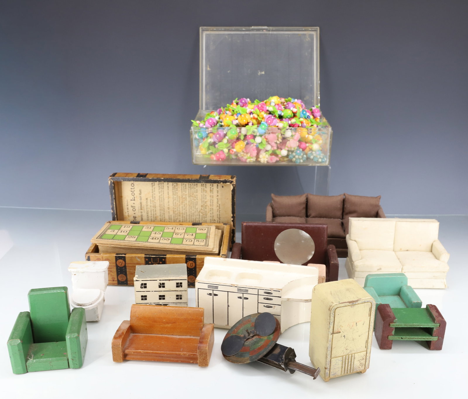 LOT OF WOODEN DOLL FURNITURE AND MORE: PAINTED WOODEN DOLL FURNITURE, TIN SPINNER, GAME OF LOTTO AND MOLDED PLASTIC FLORAL NECKLACES. PLEASE READ CAREFULLY - ITEMS MUST BE PAID FOR THROUGH LIVE AUCTIONEERS OR WITH CASH OR CHECK IN PERSON