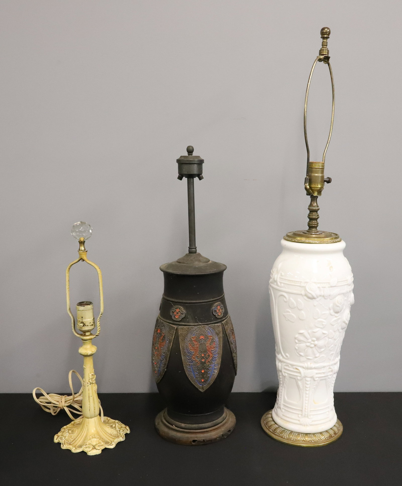 LOT OF (3) VINTAGE TABLE LAMPS: WHITE GLASS EMBOSSED PICKLE JAR CONVERTED TO LAMP (BASE 16" H.) POTTERY LAMP BASE WITH ASIAN-STYLE MOTIF. PAINTED CAST METAL 17 1/4" TOTAL HEIGHT. PLEASE READ CAREFULLY - ITEMS MUST BE PAID FOR