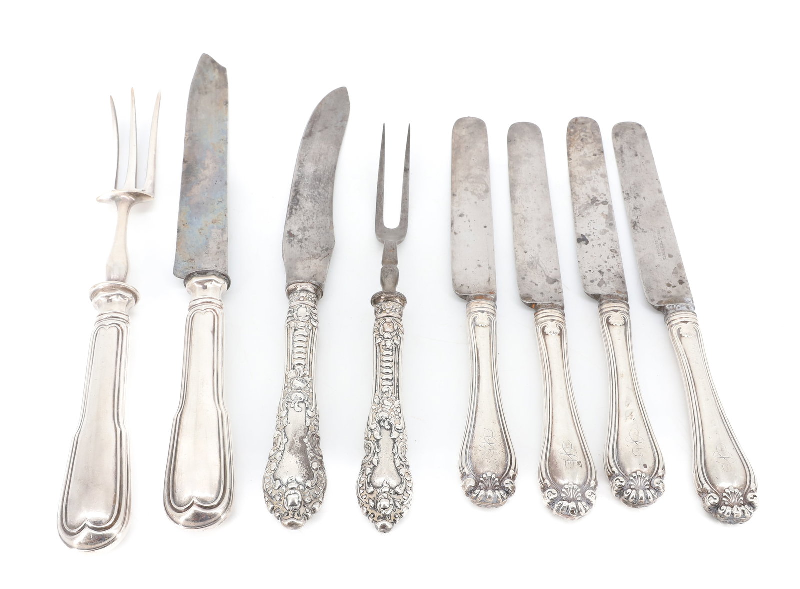 (4) STERLING HANDLES KNIVES AND MORE: (4) MATCHING KNIVES (HANDLES MRKD. STERLING) ONE BLADE MRKD. HENCKELS, GERMANY. LARGER KNIFE AND FORK HAVE HALLMARKS. PLEASE READ CAREFULLY - ITEMS MUST BE PAID FOR THROUGH LIVE AUCTIONEERS OR WITH