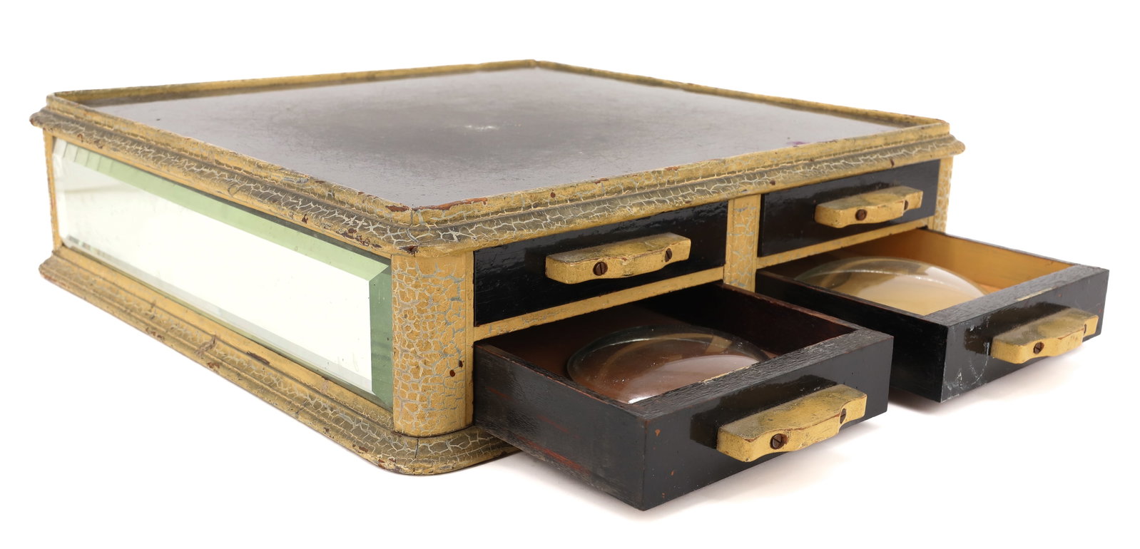 WATCHMAKER'S CABINET: GLASS TOP WITH MIRROR SIDES. FOUR DRAWERS ON ONE SIDE, ONE LARGE DRAWER ON OTHER. SOME GLASS LENSES. 13 1/4" X 13 1/4". PLEASE READ CAREFULLY - ITEMS MUST BE PAID FOR THROUGH LIVE AUCTIONEERS OR WITH