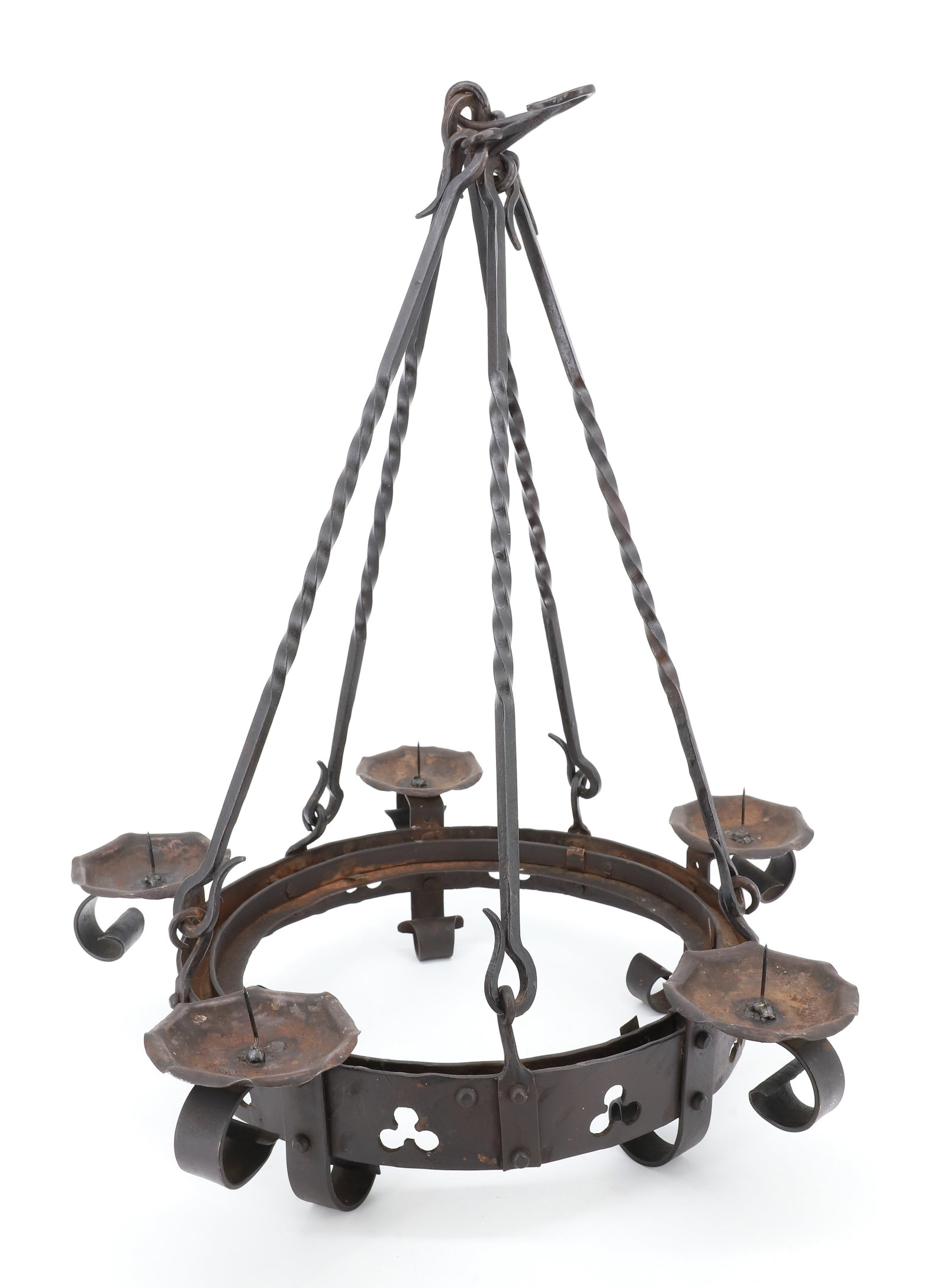 WROUGHT IRON SIX-LIGHT CHANDELIER: HANDCRAFTED SPANISH REVIVAL STYLE 23" X 19". PLEASE READ CAREFULLY - ITEMS MUST BE PAID FOR THROUGH LIVE AUCTIONEERS OR WITH CASH OR CHECK IN PERSON - Terms for Purchasing and Shipping of Auction Item