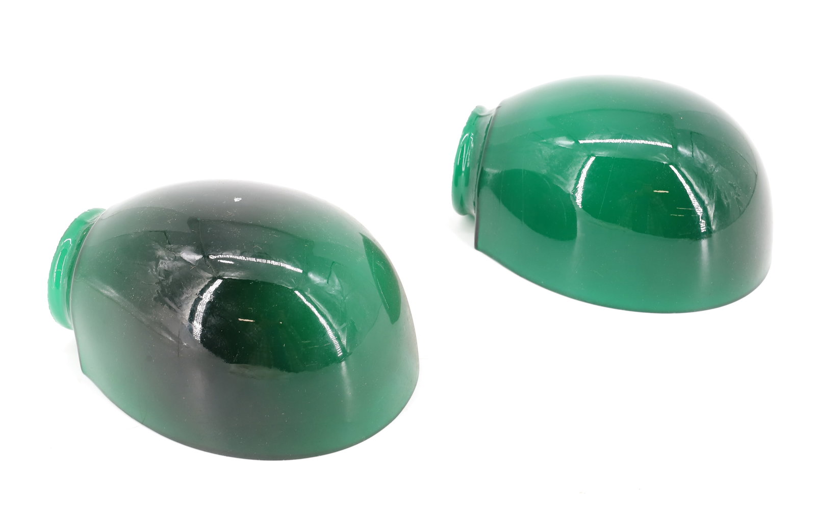 (2) EMERALD GREEN CASED SHADES: 5 3/4" L. FITTER 2 1/8" (OUTSIDE EDGE TO OUTSIDE EDGE). PLEASE READ CAREFULLY - ITEMS MUST BE PAID FOR THROUGH LIVE AUCTIONEERS OR WITH CASH OR CHECK IN PERSON - Terms for Purchasing and Shipping of