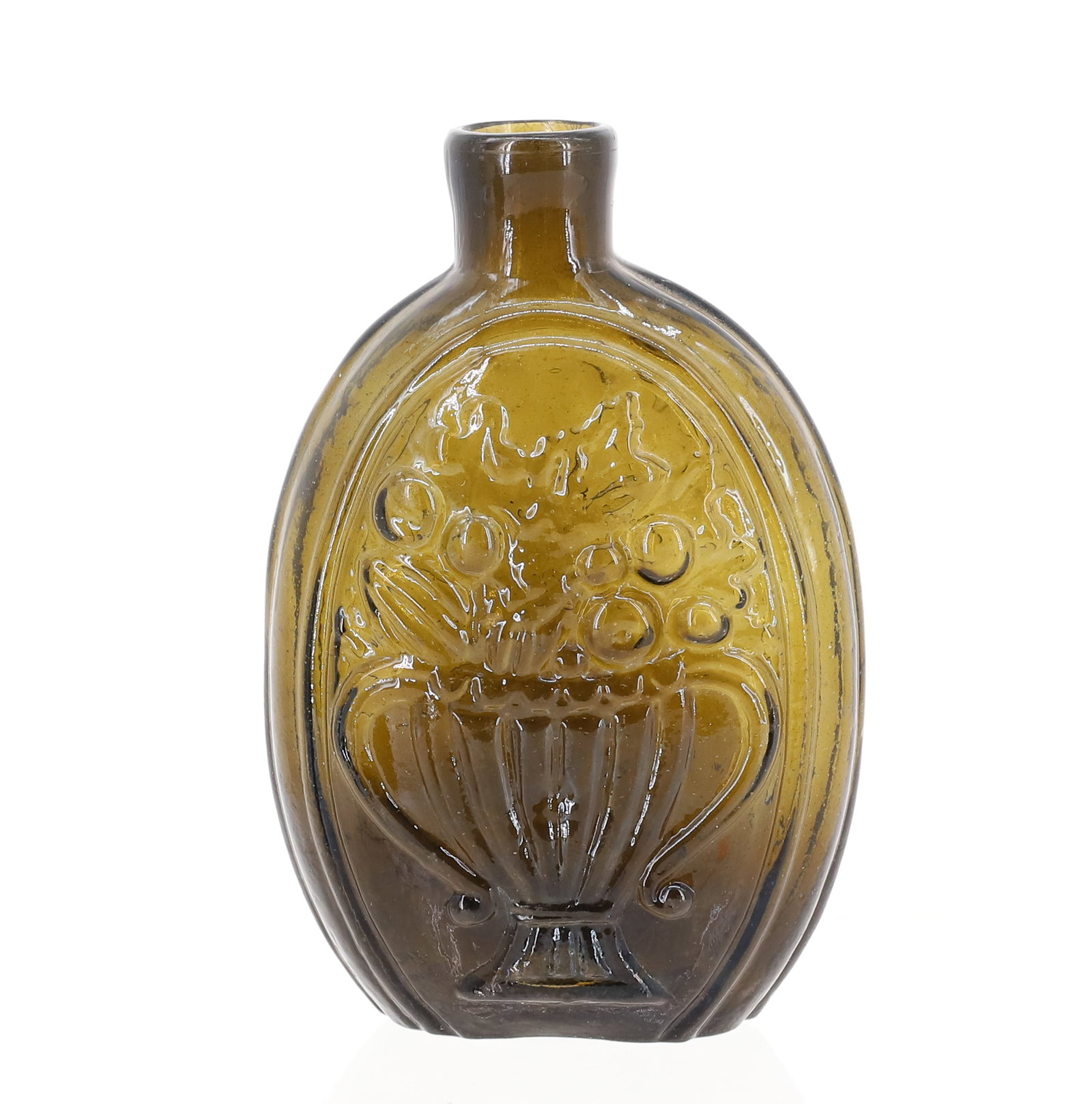 OLIVE GREEN CORNUCOPIA / FLOWER BASKET FLASK: ROUGH PONTIL. 5 1/2" H. PLEASE READ CAREFULLY - ITEMS MUST BE PAID FOR THROUGH LIVE AUCTIONEERS OR WITH CASH OR CHECK IN PERSON - Terms for Purchasing and Shipping of Auction Items. Please read carefu