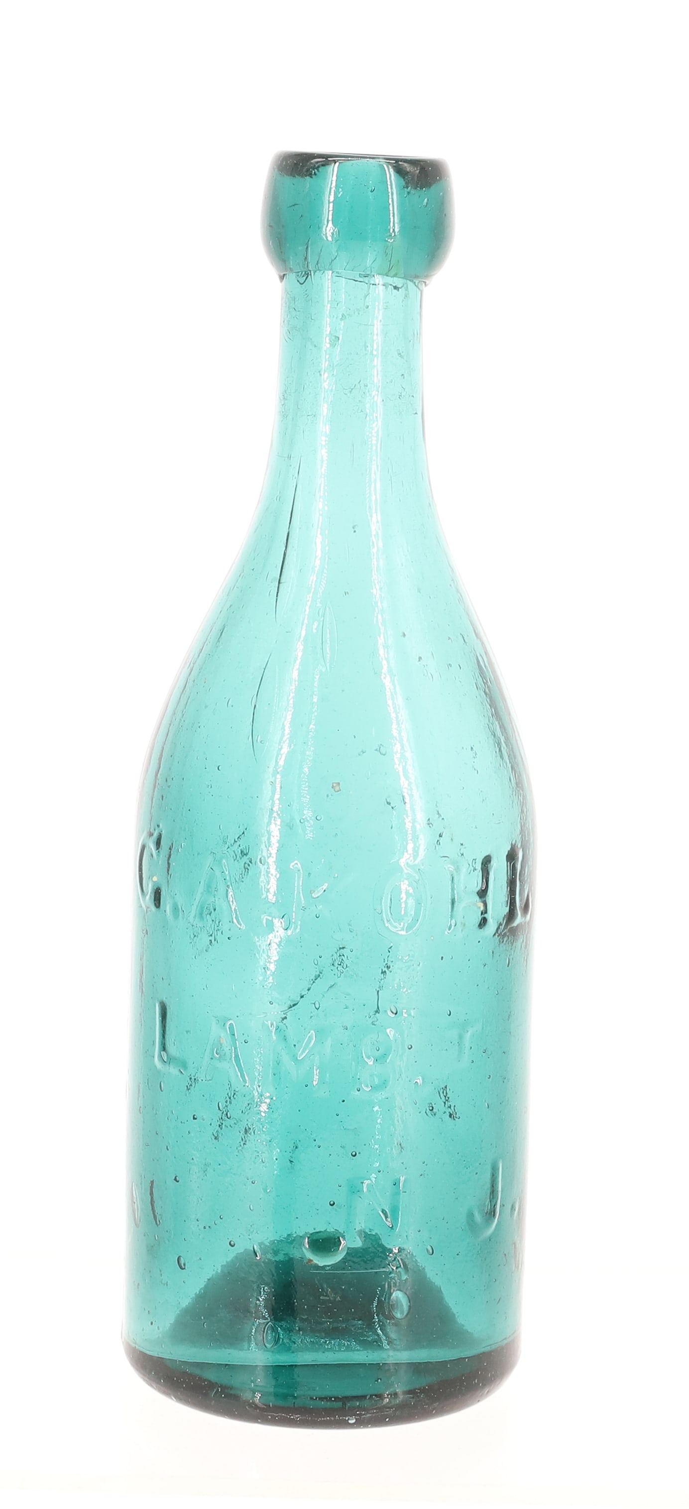 G.A. KOHL, LAMBERTVILLE, NJ BOTTLE: TEAL GREEN "G.A. KOHL LAMBT. N.J." AND "IMPROVED PATENT K" ON BACK. 7 1/2" H. PLEASE READ CAREFULLY - ITEMS MUST BE PAID FOR THROUGH LIVE AUCTIONEERS OR WITH CASH OR CHECK IN PERSON - Terms for