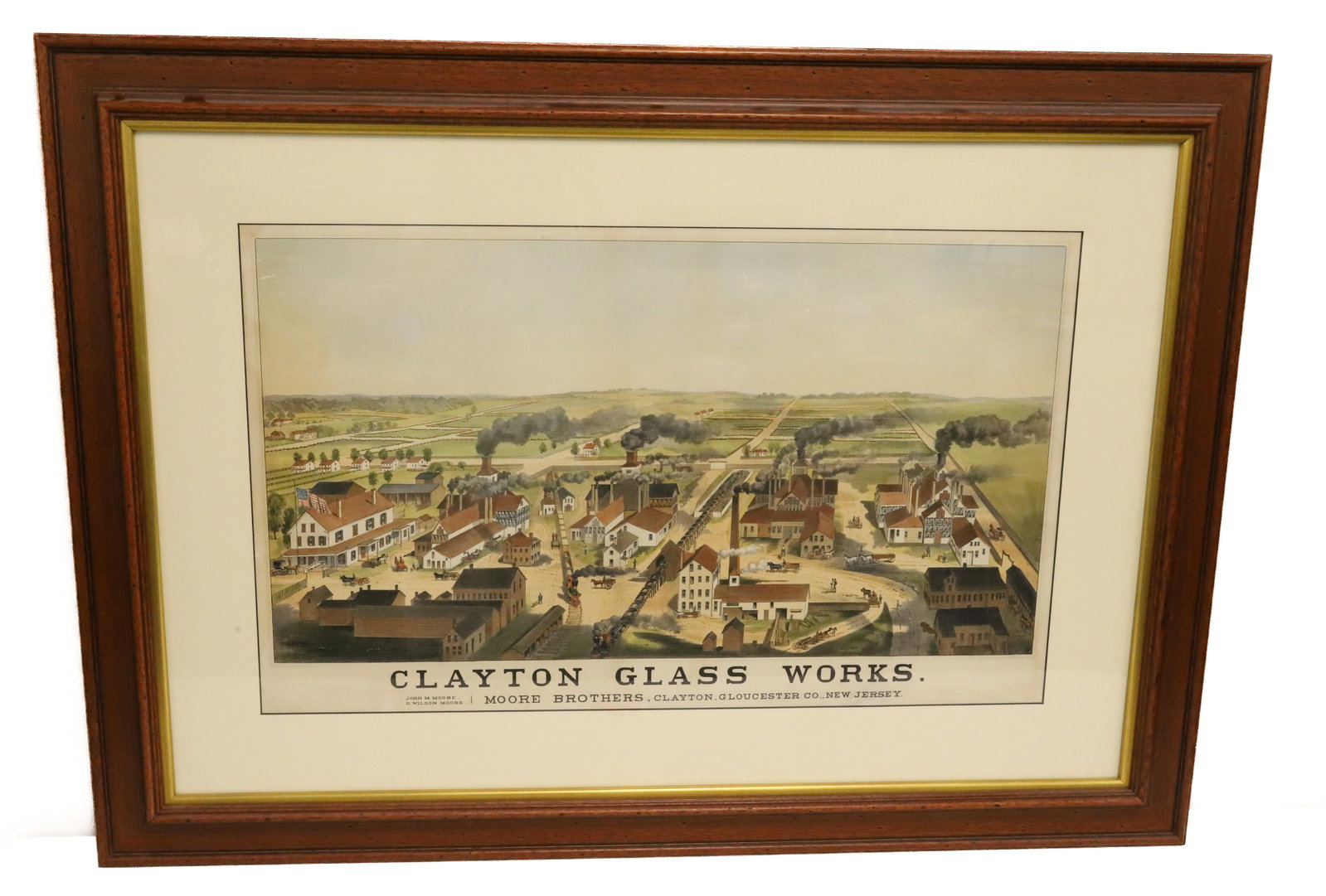 FRAMED "CLAYTON GLASS WORKS" LITHOGRAPH: MATTED AND FRAMED UNDER GLASS. "MOORE BROTHERS, CLAYTON, GLOUCESTER CO., NEW JERSEY" 16" X 26 1/2" SIGHT VIEW. FRAMED 27 1/2" X 38 1/2". PLEASE READ CAREFULLY - ITEMS MUST BE PAID FOR THROUGH LIVE