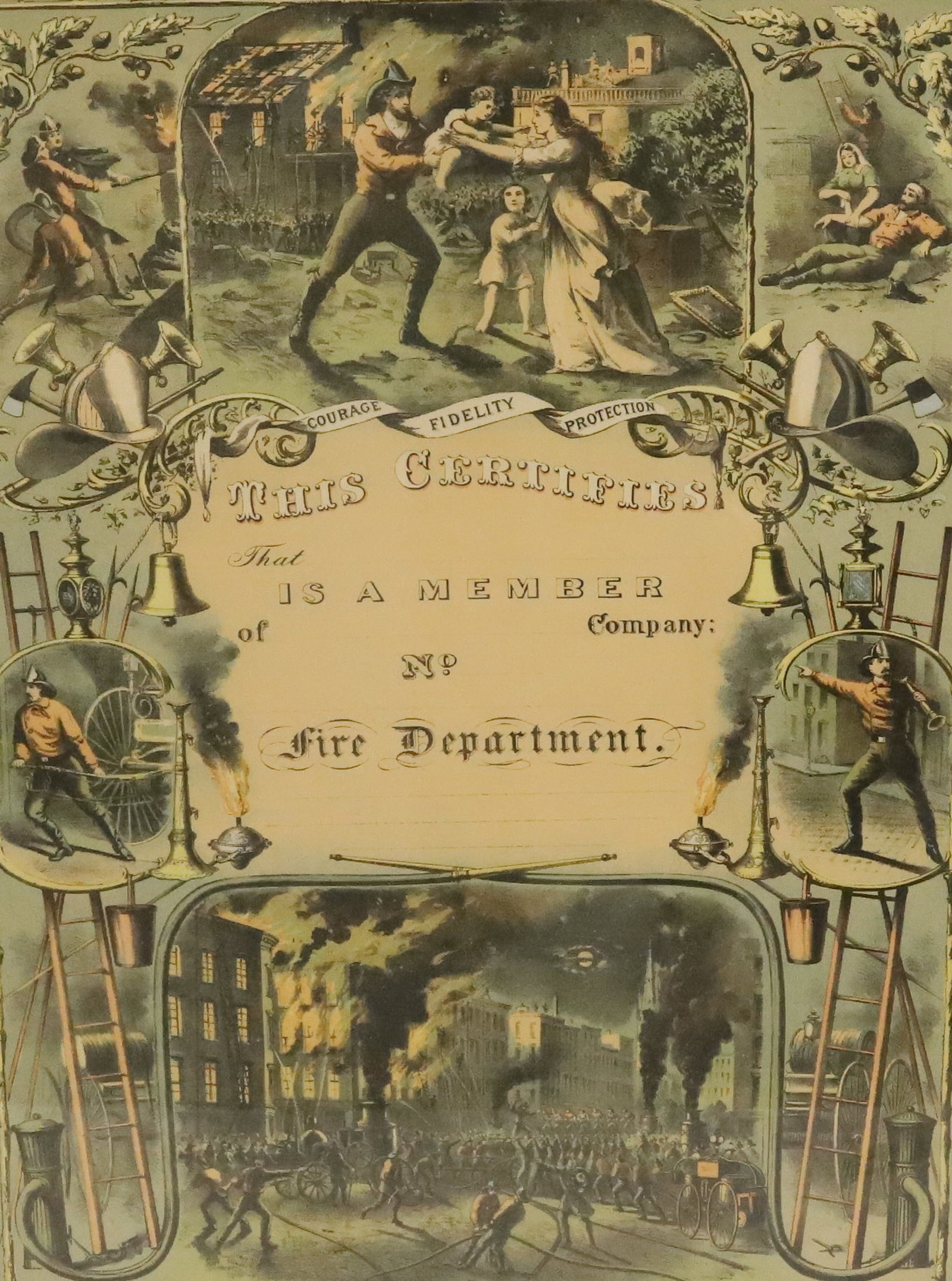 CURRIER & IVES FIRED DEPARTMENT CERTIFICATE: COURAGE, FIDELITY, PROTECTION UNUSED CERTIFICATE. MATTED AND FRAMED UNDER GLASS. COPYRIGHT 1877. SIGHT VIEW 20" X 17 3/4". 28 1/2" X 23" TOTAL SIZE. PLEASE READ CAREFULLY - ITEMS MUST BE PAID FOR