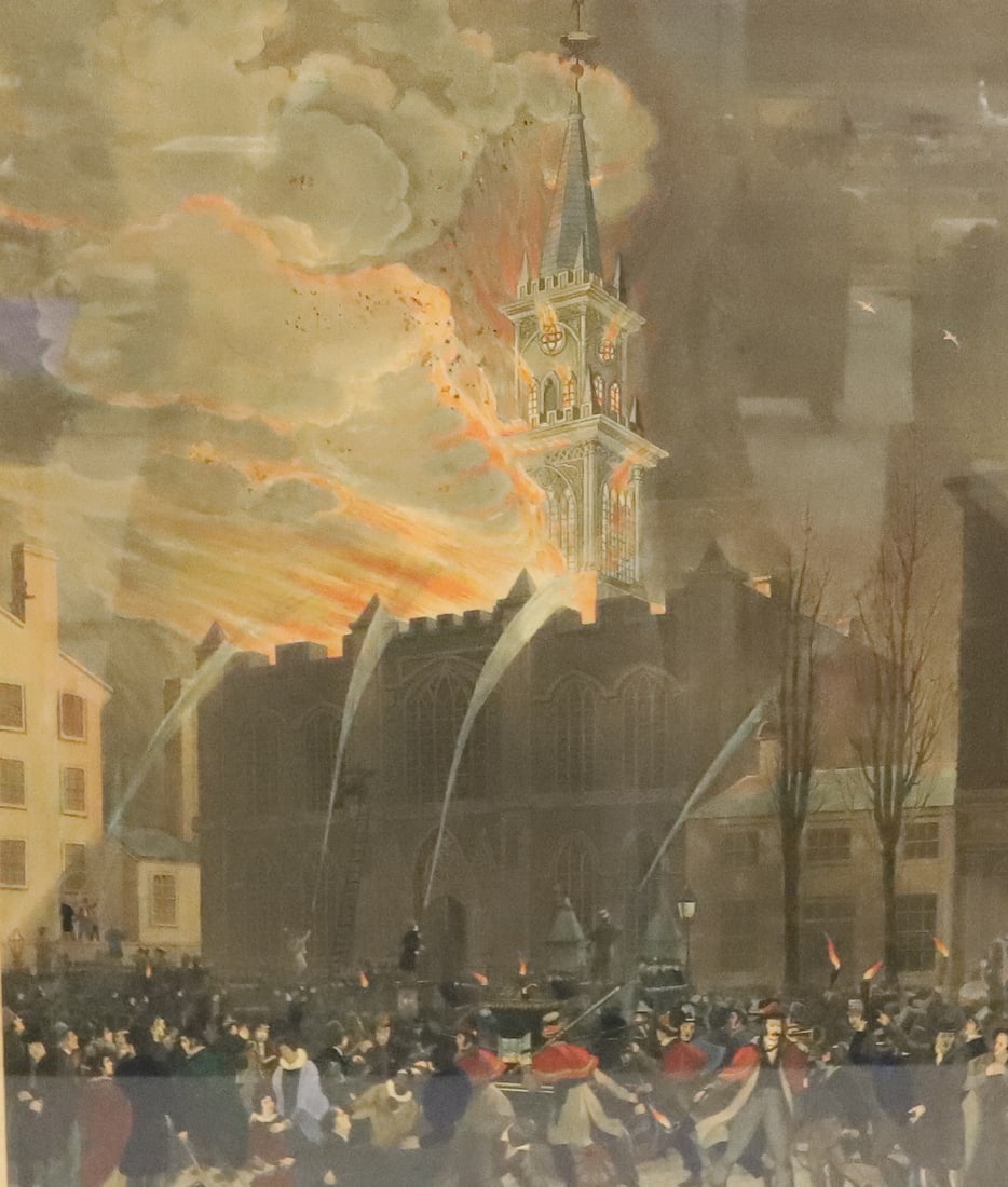 THE CONFLAGRATION OF THE MASONIC HALL... FRAMED ENGRAVING: CHESTNUT STREET PHILADELPHIA ENGRAVING PUBLISHED BY WILLIAM SMITH, 702 SOUTH 34D ST. PHILA. ENGRAVED BY J. HILL. MATTED AND FRAMED UNDER GLASS. SIGHT VIEW 23 1/4" X 18 1/2". TOTAL SIZE 30" X 25 1/2".