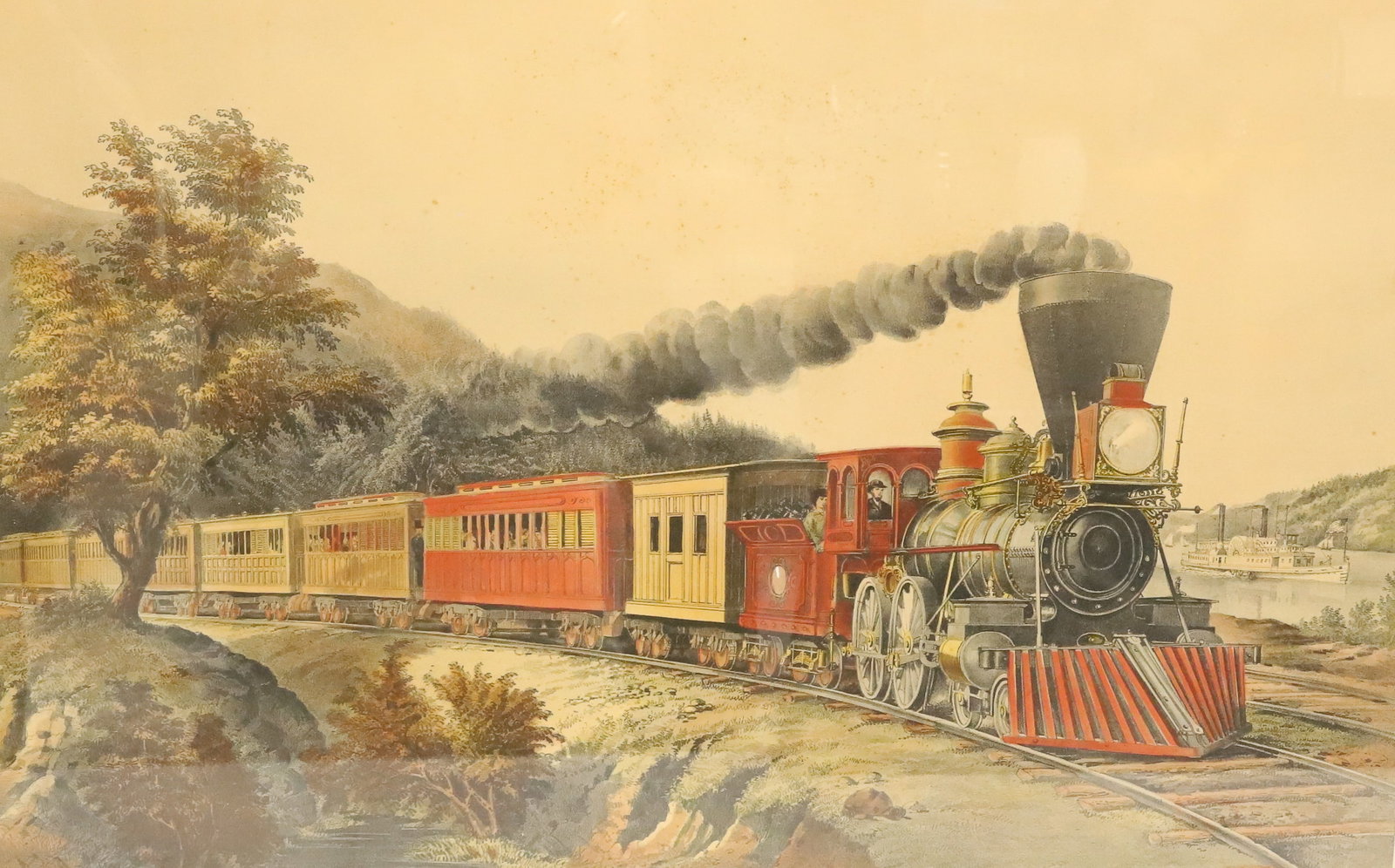 CURRIER & IVES "AMERICAN EXPRESS TRAIN" LITHOGRAPH: CURRIER & IVES 1869. MATTED AND FRAMED UNDER GLASS. 19" X 27 3/4" SIGHT VIEW. TOTAL SIZE 26" X 34 1/4". PLEASE READ CAREFULLY - ITEMS MUST BE PAID FOR THROUGH LIVE AUCTIONEERS OR WITH CASH OR CHECK