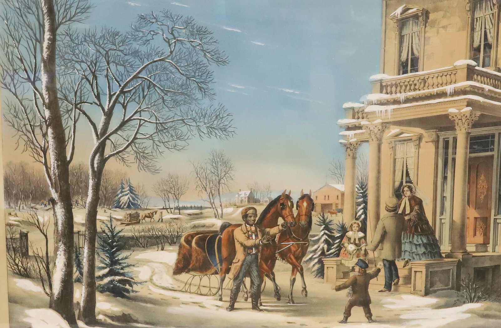 N. CURRIER "AMERICAN COUNTRY LIFE" LITHOGRAPH: N. CURRIER 1855. "AMERICAN COUNTRY LIFE, PLEASURES OF WINTER" 18 1/2" X 24 1/4" SIGHT VIEW. MATTED AND FRAMED UNDER GLASS. 28 1/4" X 38 1/4" TOTAL SIZE. PLEASE READ CAREFULLY - ITEMS MUST BE PAID FOR
