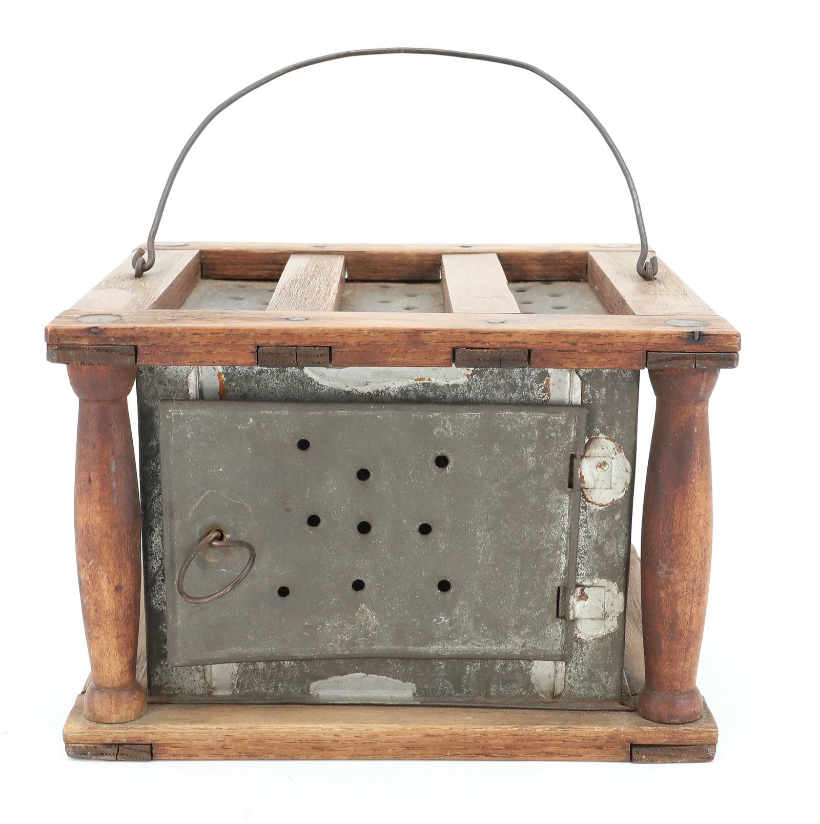 PUNCHED TIN FOOT WARMER: WOODEN FRAMEWORK WITH PUNCHED TIN. MORTISED CONSTRUCTION. 5 1/2" X 8 1/4" X 7 1/2" PLEASE READ CAREFULLY - ITEMS MUST BE PAID FOR THROUGH LIVE AUCTIONEERS OR WITH CASH OR CHECK IN PERSON - Terms for