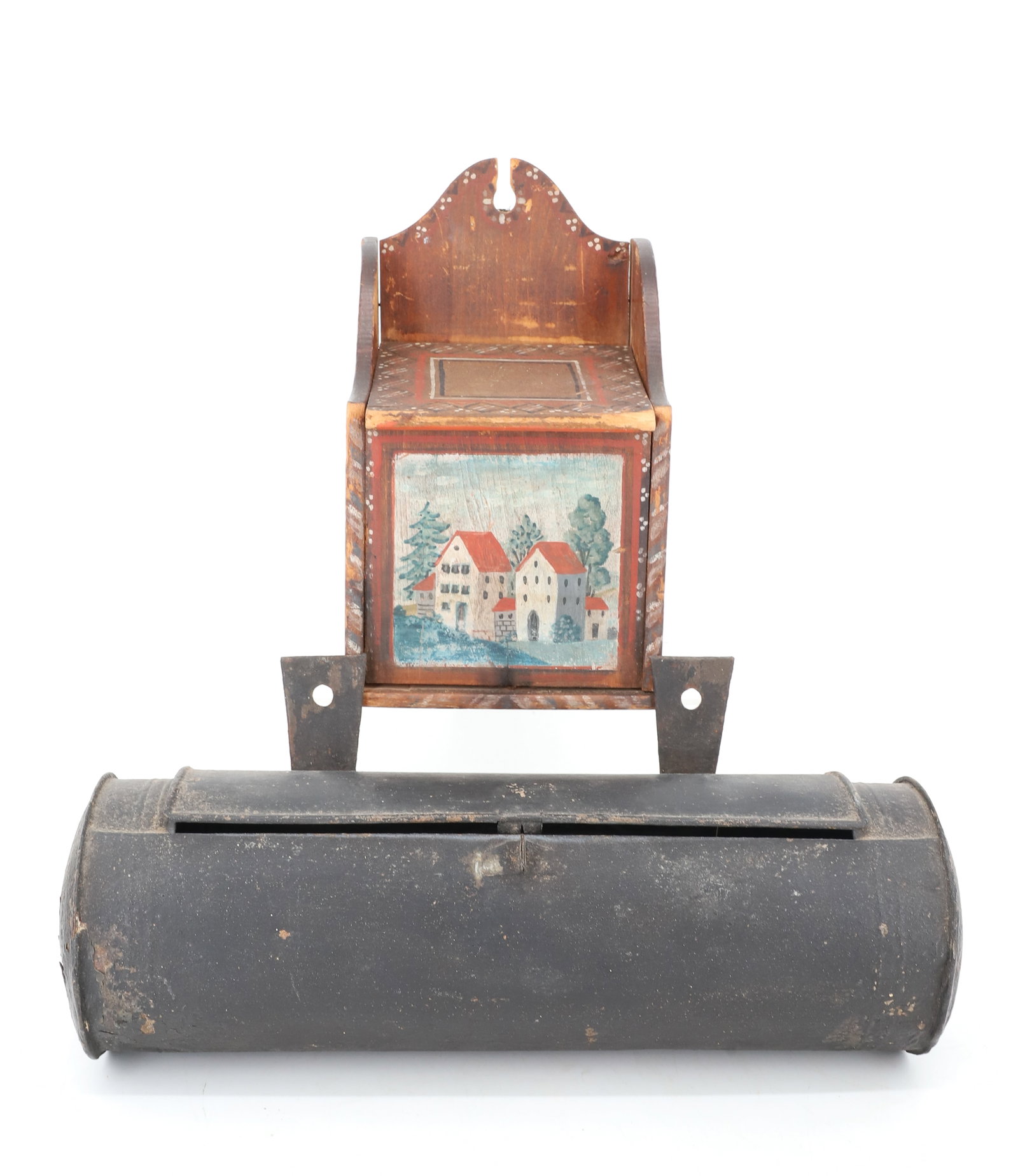 TIN CANDLE BOX AND DECORATED SALT BOX: WALL MOUNT CYLINDRICAL CANDLE BOX. BLACK PAINTED SURFACE. 13" L. WOODEN SALT BOX WITH FOLKIE DECORATION. MAN / WOMAN AND BUILDINGS. 9" X 5" X 4 1/2". PLEASE READ CAREFULLY - ITEMS MUST BE PAID FOR THR