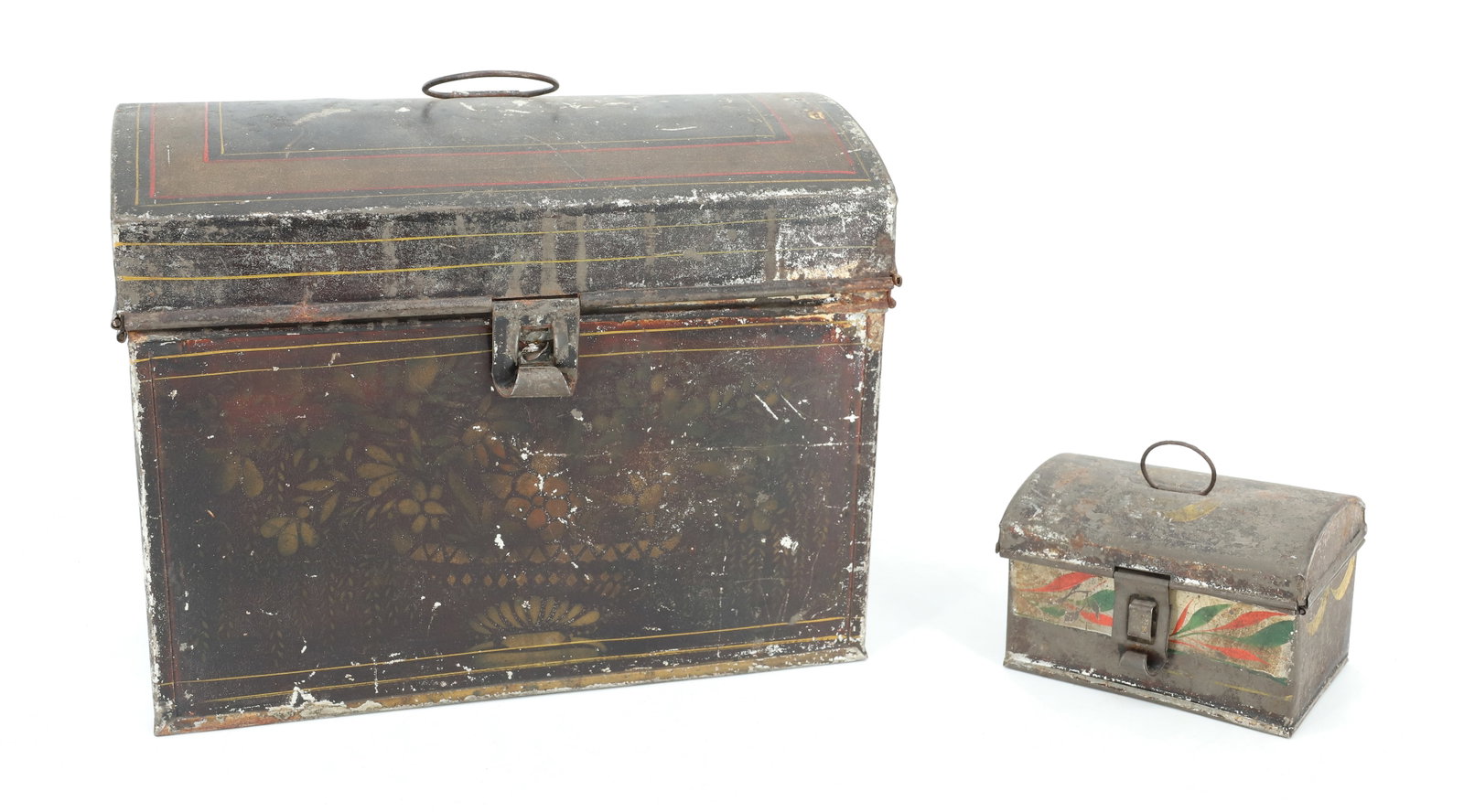 (2) TIN TOLEWARE BOXES: PAINT DECORATED EXTERIORS. 4 3/8" AND 9 7/8" LENGTHS. PLEASE READ CAREFULLY - ITEMS MUST BE PAID FOR THROUGH LIVE AUCTIONEERS OR WITH CASH OR CHECK IN PERSON - Terms for Purchasing and Shipping of