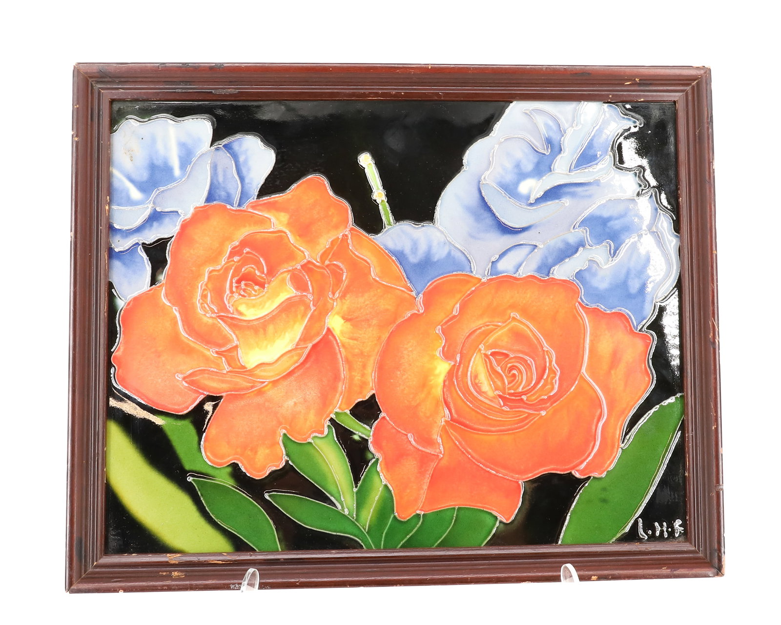 FRAMED POTTERY TILE: FLORAL TILE IN VIBRANT COLORS. MRKD. LHF BOTTOM RIGHT. MRKD. ON BACK "TABEI" ? 12 1/4" X 15 1/4". PLEASE READ CAREFULLY - ITEMS MUST BE PAID FOR THROUGH LIVE AUCTIONEERS OR WITH CASH OR CHECK IN