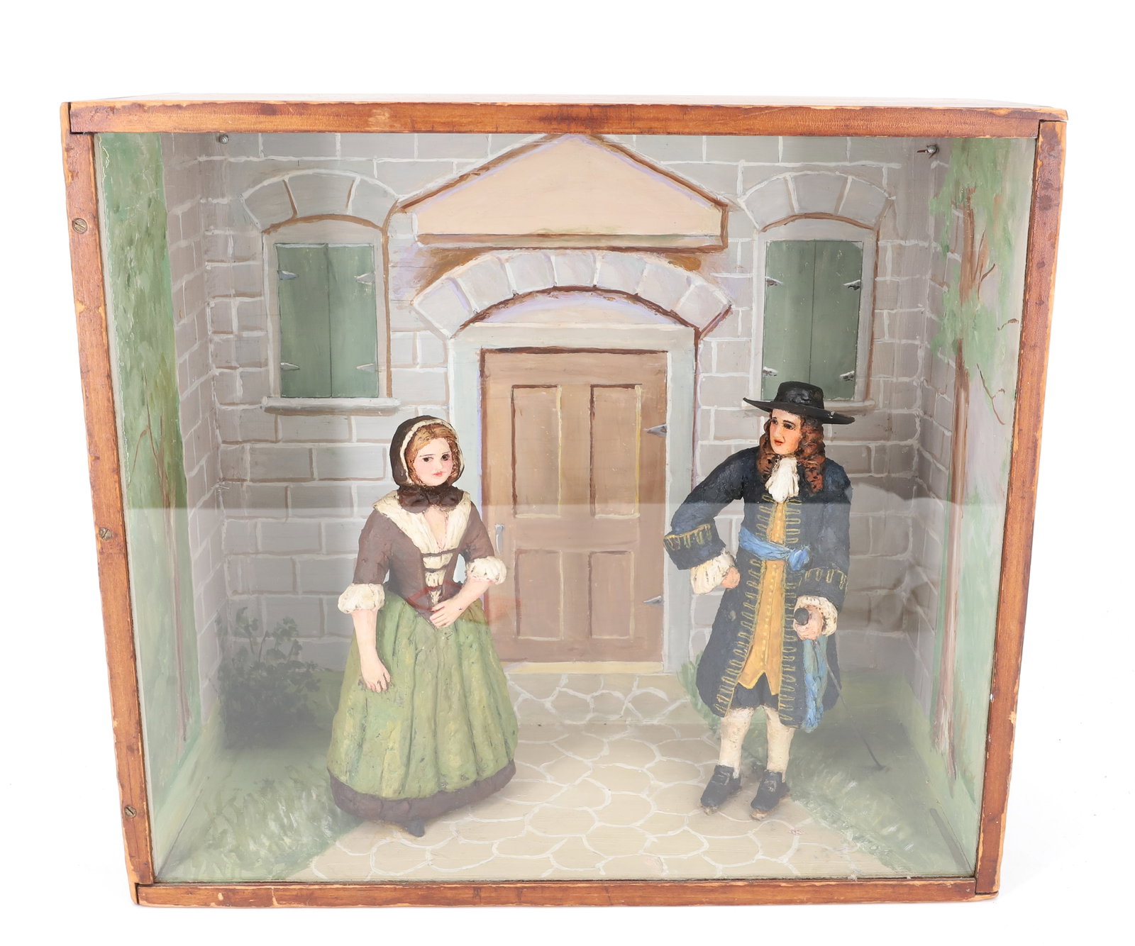 BROOKLYN CHILDREN'S MUSEUM DIORAMA: PRODUCED BY WORK PROJECTS ADMINISTRATION. "U.S. HISTORY-25 COLONIAL PERIOD PENNSYLVANIA COLONISTS" WOODEN BOX WITH GLASS FRONT. PAINTED INTERIOR WITH TWO FIGURES. 14 1/2" X 16 1/4" X 7". (LOAN COLLECT