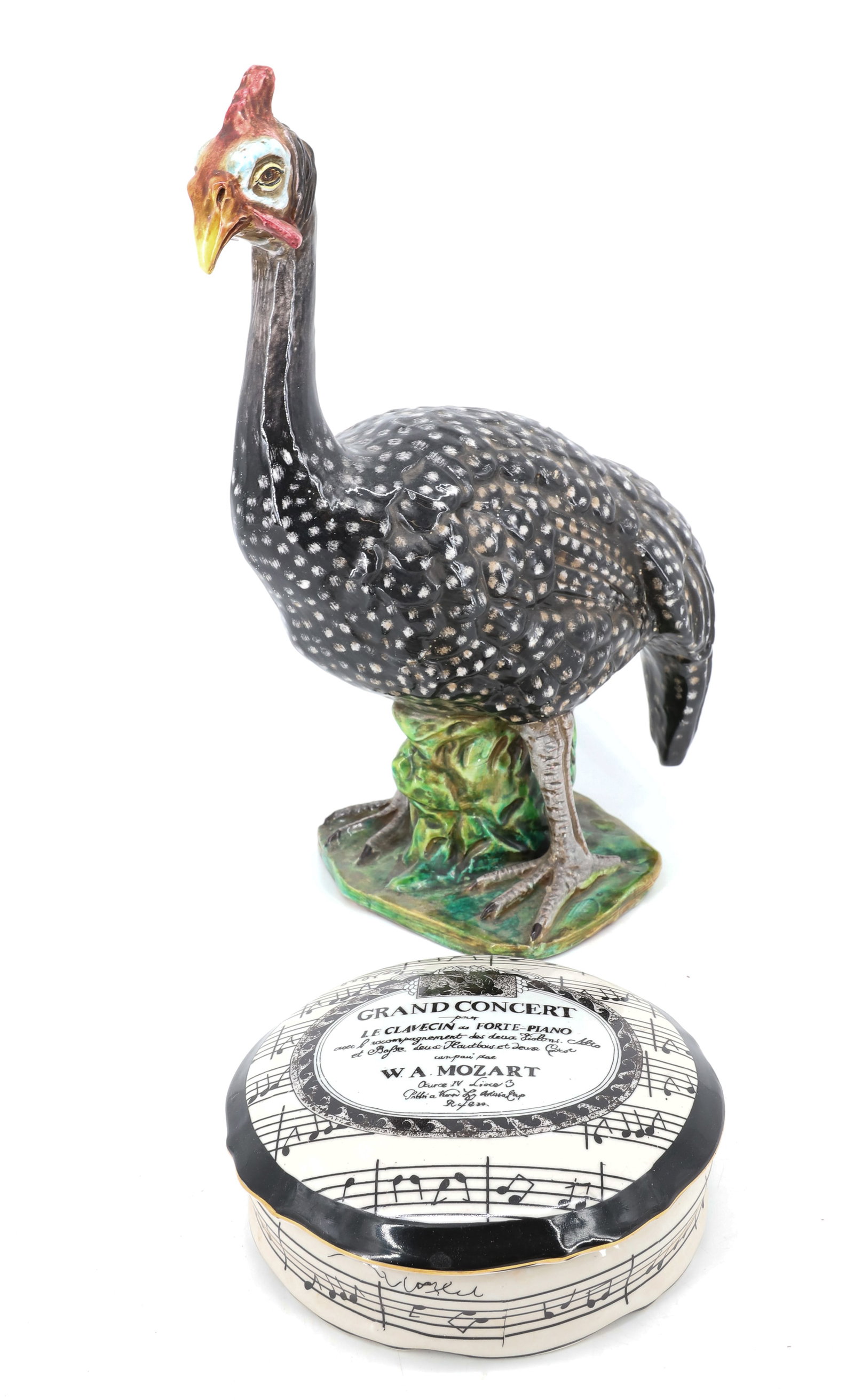 CERAMIC GUINEA HEN AND LIDDED BOX: LARGE GUINEA HEN LABELED "KB, MADE IN ITALY" ON BOTTOM. 16 1/2" H. CONTEMPORARY GRAND CONCERT MOZART LIDDED BOX 7 3/4" D. PLEASE READ CAREFULLY - ITEMS MUST BE PAID FOR THROUGH LIVE AUCTIONEERS OR
