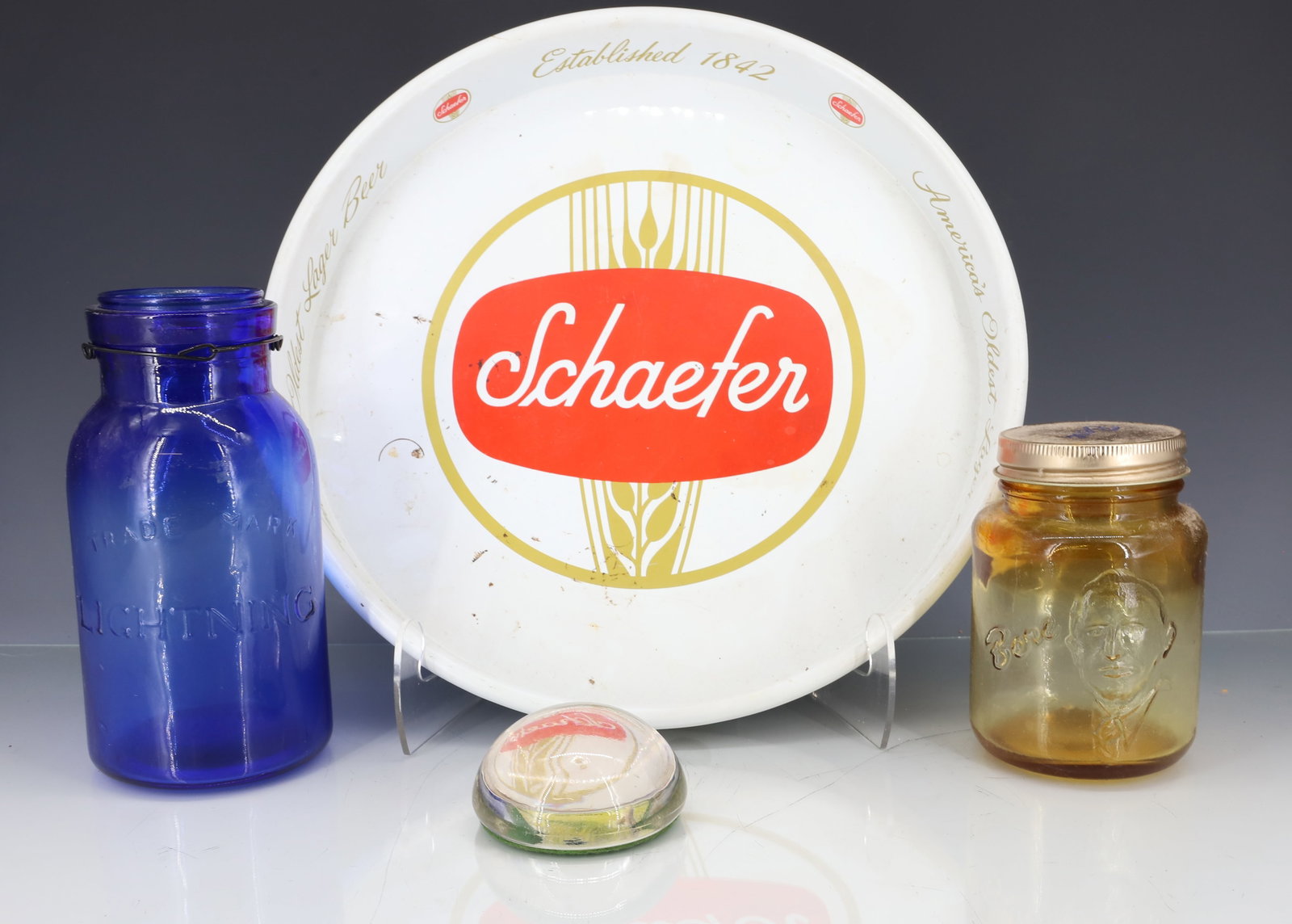 BEER TRAY, GLASS PAPERWEIGHT AND JARS (1 of 7)