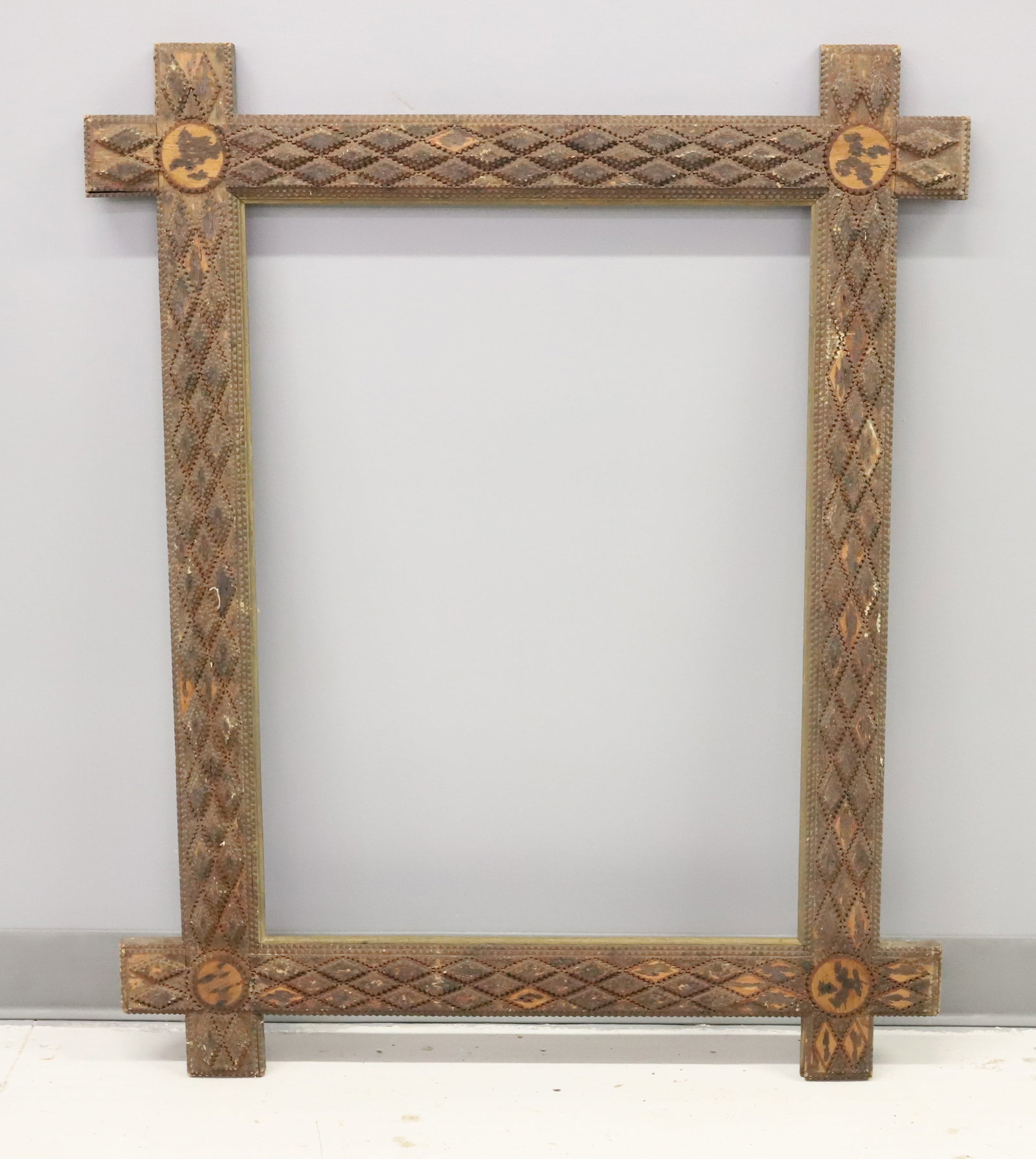 LARGE TRAMP ART FRAME: CHIP CARVED DIAMOND PATTERN. 38 3/4" X 31 1/2". INTERIOR 28" X 21". PLEASE READ CAREFULLY - ITEMS MUST BE PAID FOR THROUGH LIVE AUCTIONEERS OR WITH CASH OR CHECK IN PERSON - Terms for Purchasing and S