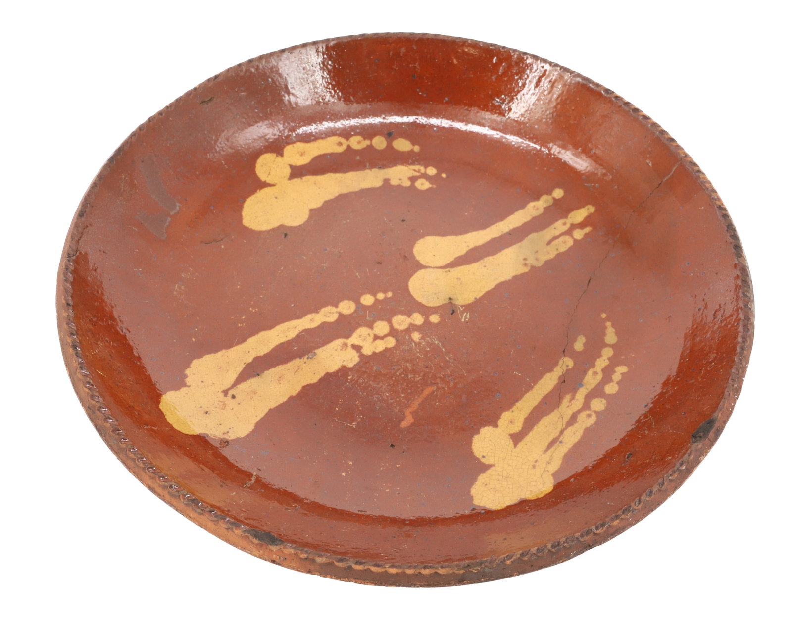 REDWARE SLIP GLAZED PIE PLATE: YELLOW SLIP ON ORANGE GLAZE. COGGLED EDGE. 11 1/4" D. PLEASE READ CAREFULLY - ITEMS MUST BE PAID FOR THROUGH LIVE AUCTIONEERS OR WITH CASH OR CHECK IN PERSON - Terms for Purchasing and Shipping of Auc