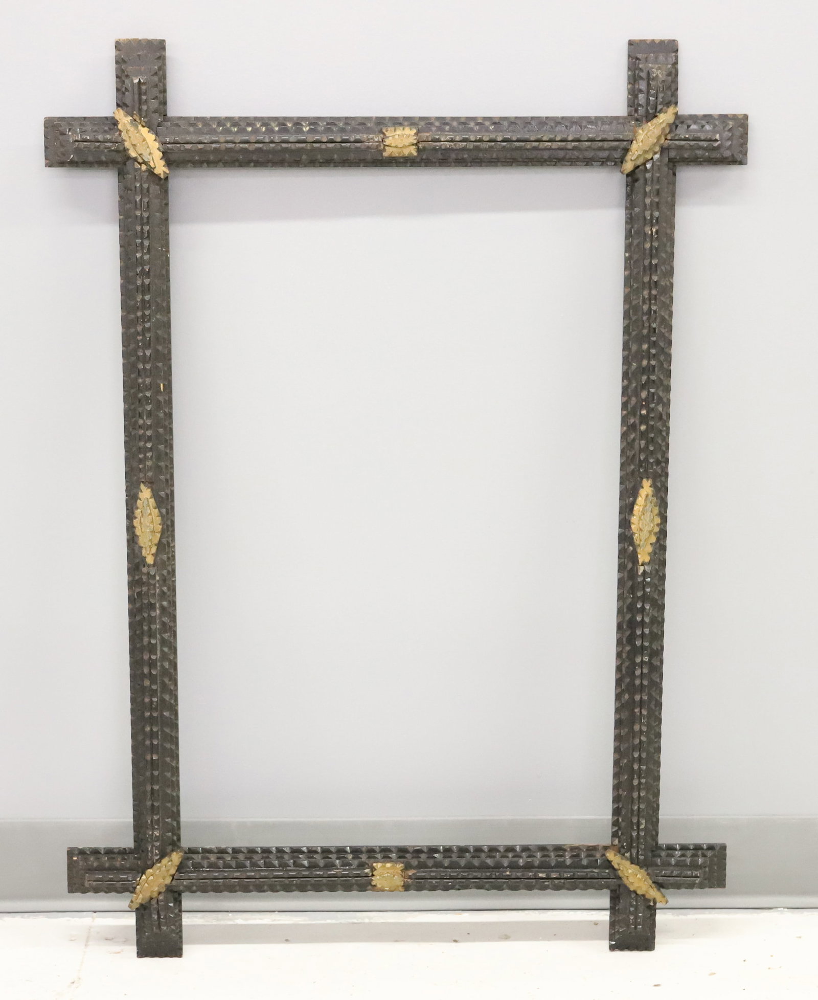 LARGE TRAMP ART FRAME: CHIP CARVED LAYERS WITH GOLD HIGHLIGHTS. 25" X 34". INTERIOR 17" X 25 3/4". PLEASE READ CAREFULLY - ITEMS MUST BE PAID FOR THROUGH LIVE AUCTIONEERS OR WITH CASH OR CHECK IN PERSON - Terms for Purchasi
