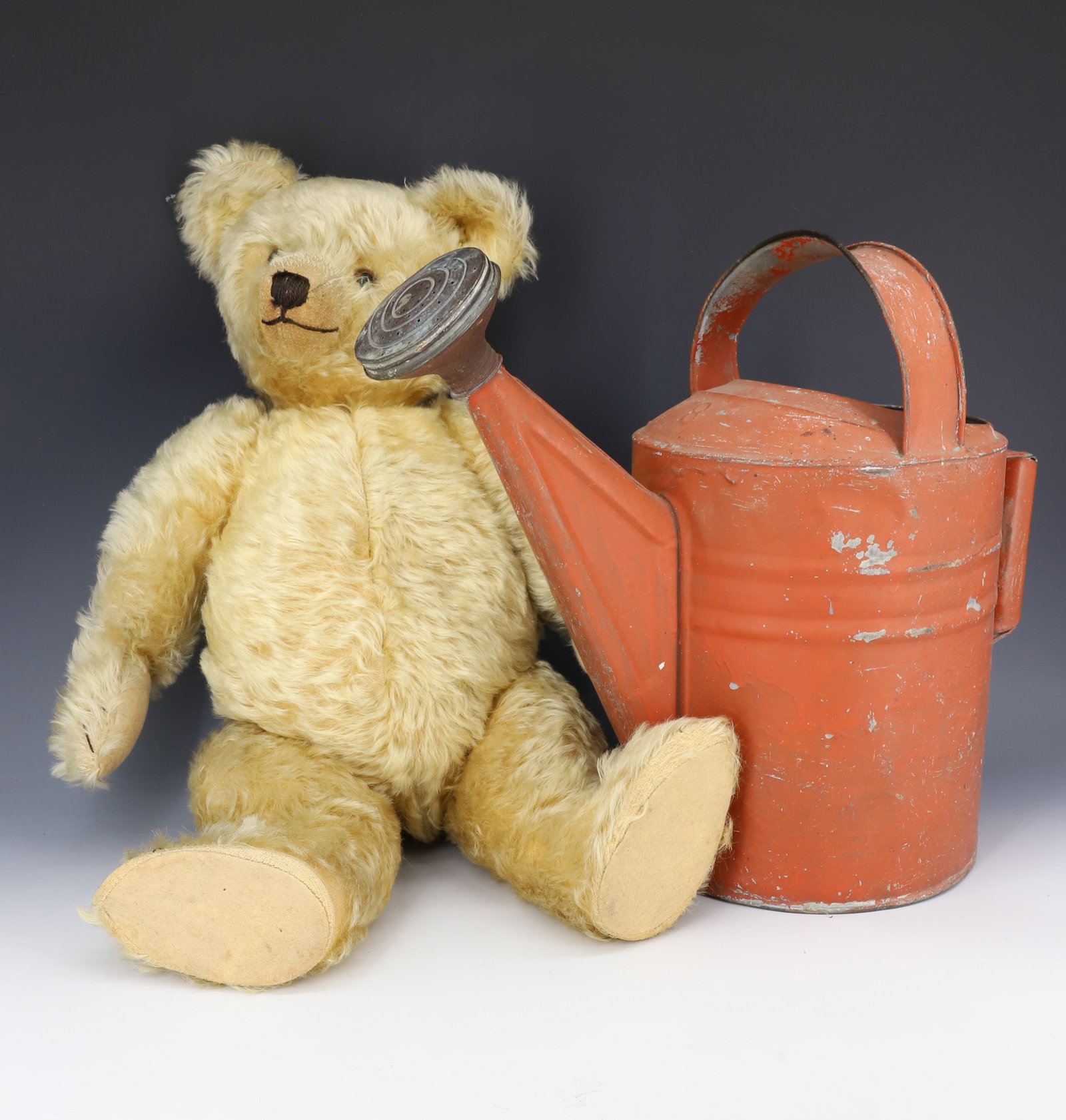 VINTAGE TEDDY BEAR AND PAINTED WATERING CAN (1 of 5)