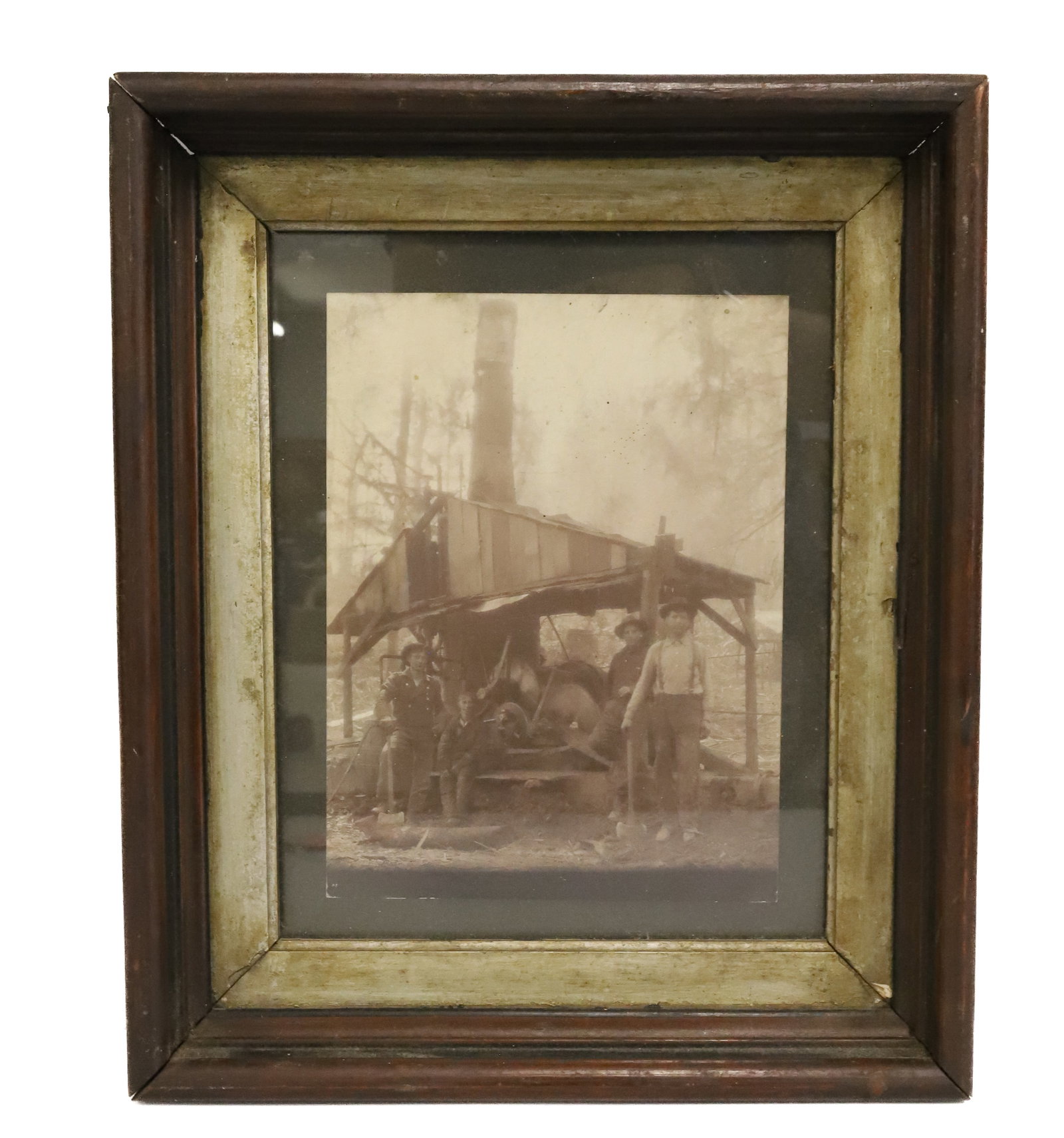 FRAMED 19TH C. CDV PHOTOGRAPH: FOUR MEN WITH MILLING EQUIPMENT IN FOREST. SIGHT VIEW 8" X 6". FRAME IS 12 1/2" X 10 1/2". PLEASE READ CAREFULLY - ITEMS MUST BE PAID FOR THROUGH LIVE AUCTIONEERS OR WITH CASH OR CHECK IN PERSON -