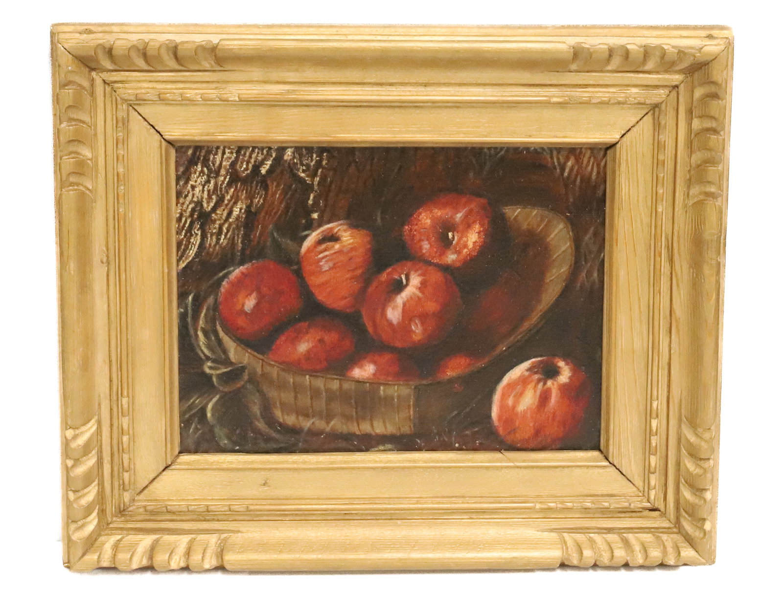 VINTAGE STILL-LIFE, OIL ON CANVAS: APPLES IN HAT. UNSIGNED. LATER GOLD FRAME. SIGHT VIEW 6 5/8" X 9". PLEASE READ CAREFULLY - ITEMS MUST BE PAID FOR THROUGH LIVE AUCTIONEERS OR WITH CASH OR CHECK IN PERSON - Terms for Purchasing and