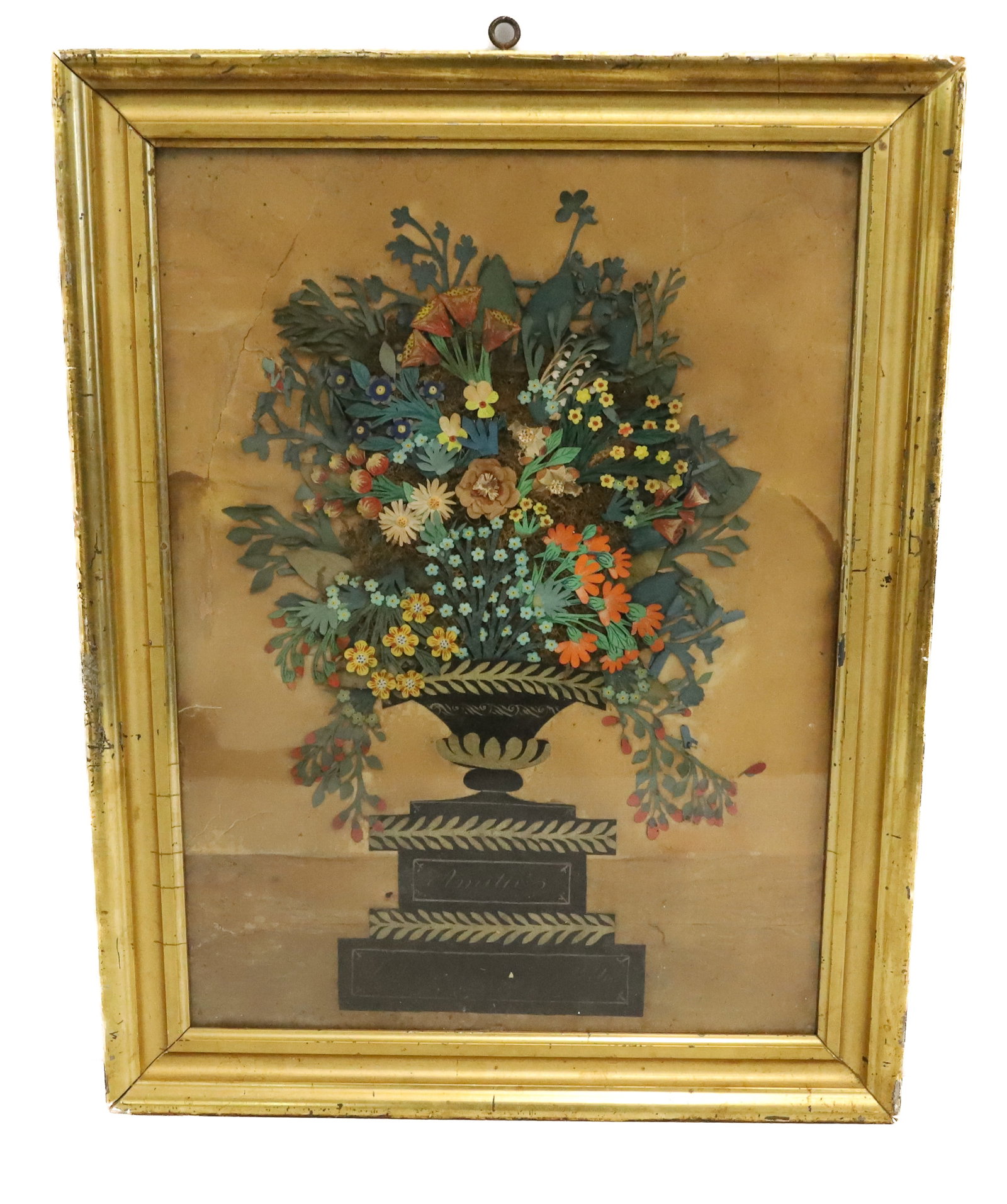 19TH C. FRENCH CUT-PAPER FLORAL: VARIOUS COLORED FLOWERS IN URN ON PEDESTAL. MRKD. "AMILIE'S" FRAMED UNDER GLASS. 18 3/4" X 14 1/2". PLEASE READ CAREFULLY - ITEMS MUST BE PAID FOR THROUGH LIVE AUCTIONEERS OR WITH CASH OR CHECK IN