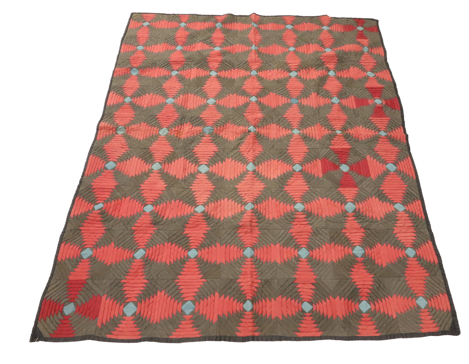 19TH C. HANDMADE "WINDMILL" QUILT: RED / BLACK / GREEN "FOLDED" FABRICS. 67 1/2" X 53" PLEASE READ CAREFULLY - ITEMS MUST BE PAID FOR THROUGH LIVE AUCTIONEERS OR WITH CASH OR CHECK IN PERSON - Terms for Purchasing and Shipping of