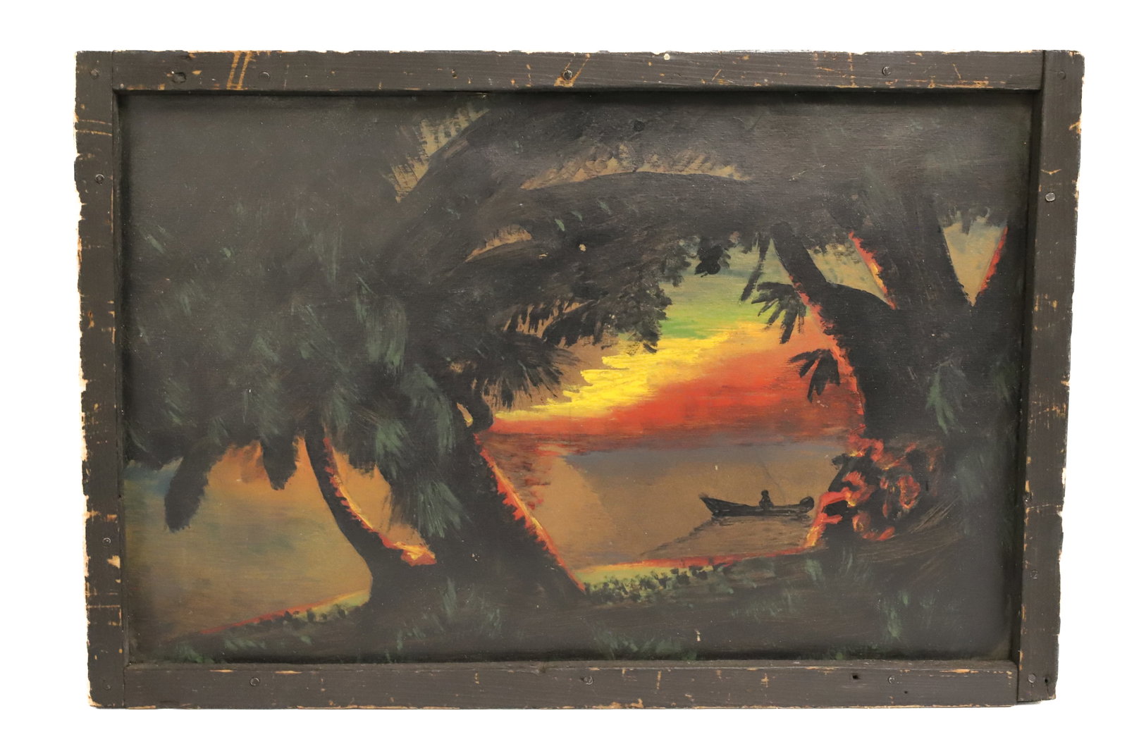 FRAMED OIL ON BOARD: TROPICAL SUNRISE SCENE. BOAT ALONG COAST WITH COLORFUL SKY. PAINTED ON CARDBOARD. UNSIGNED. FRAMED. 12 3/4" X 19". PLEASE READ CAREFULLY - ITEMS MUST BE PAID FOR THROUGH LIVE AUCTIONEERS OR WITH CASH