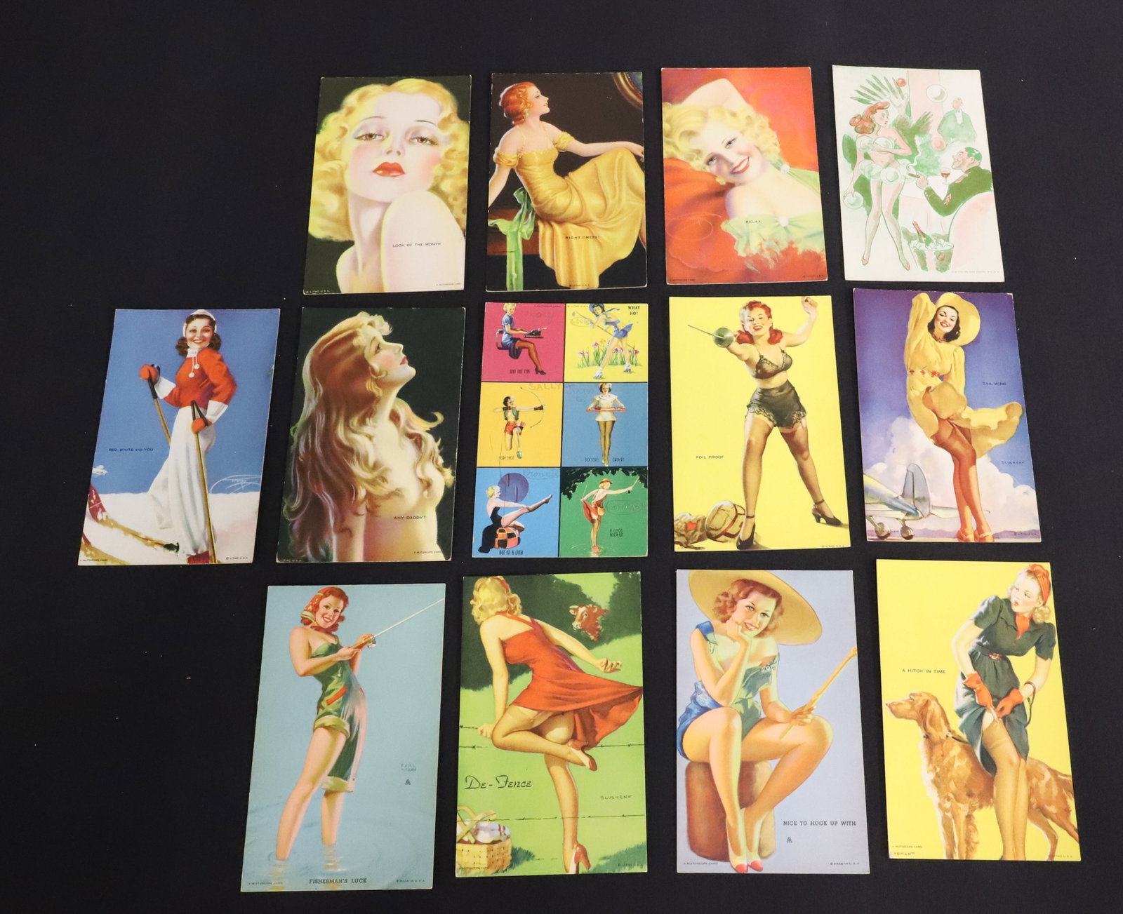 VINTAGE MUTOSCOPE PIN-UP GIRL CARDS: (13) VARIOUS CARDS. PLEASE READ CAREFULLY - ITEMS MUST BE PAID FOR THROUGH LIVE AUCTIONEERS OR WITH CASH OR CHECK IN PERSON - Terms for Purchasing and Shipping of Auction Items. Please read carefully