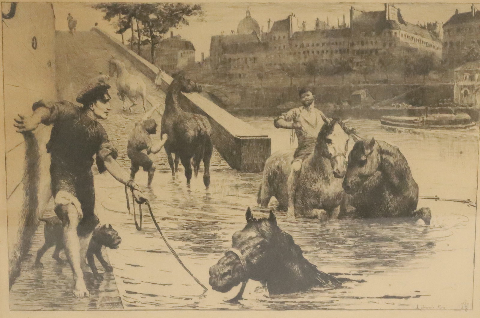 L'ABREUVOIR OF PARIS ETCHING BY G.P. JACOMB-HOOD: HORSES WADING THROUGH WATER (SEINE RIVER). MATTED AND FRAMED UNDER GLASS. MRKD. BOTTOM RIGHT. 11 3/4" X 14 3/4" TOTAL SIZE. PLEASE READ CAREFULLY - ITEMS MUST BE PAID FOR THROUGH LIVE AUCTIONEERS OR