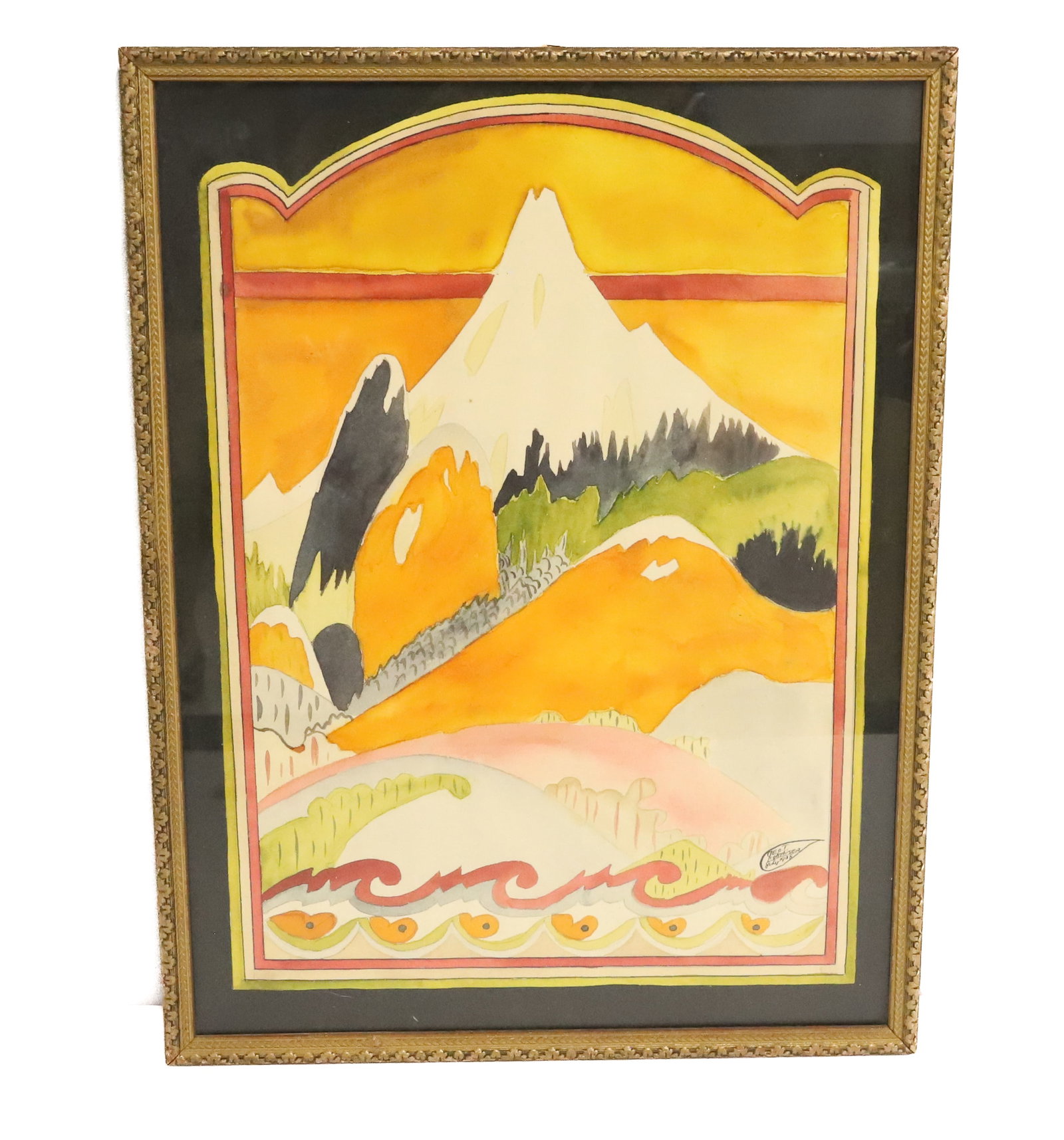 GEORGE LIGHTHISER WATERCOLOR ON PAPER: COLORFUL MOUNTAIN AND COASTAL SCENE. SGND/DATED 1938 BOTTOM LEFT. FRAMED UNDER GLASS. 16 3/4" X 12 3/4". PLEASE READ CAREFULLY - ITEMS MUST BE PAID FOR THROUGH LIVE AUCTIONEERS OR WITH CASH OR CHECK I