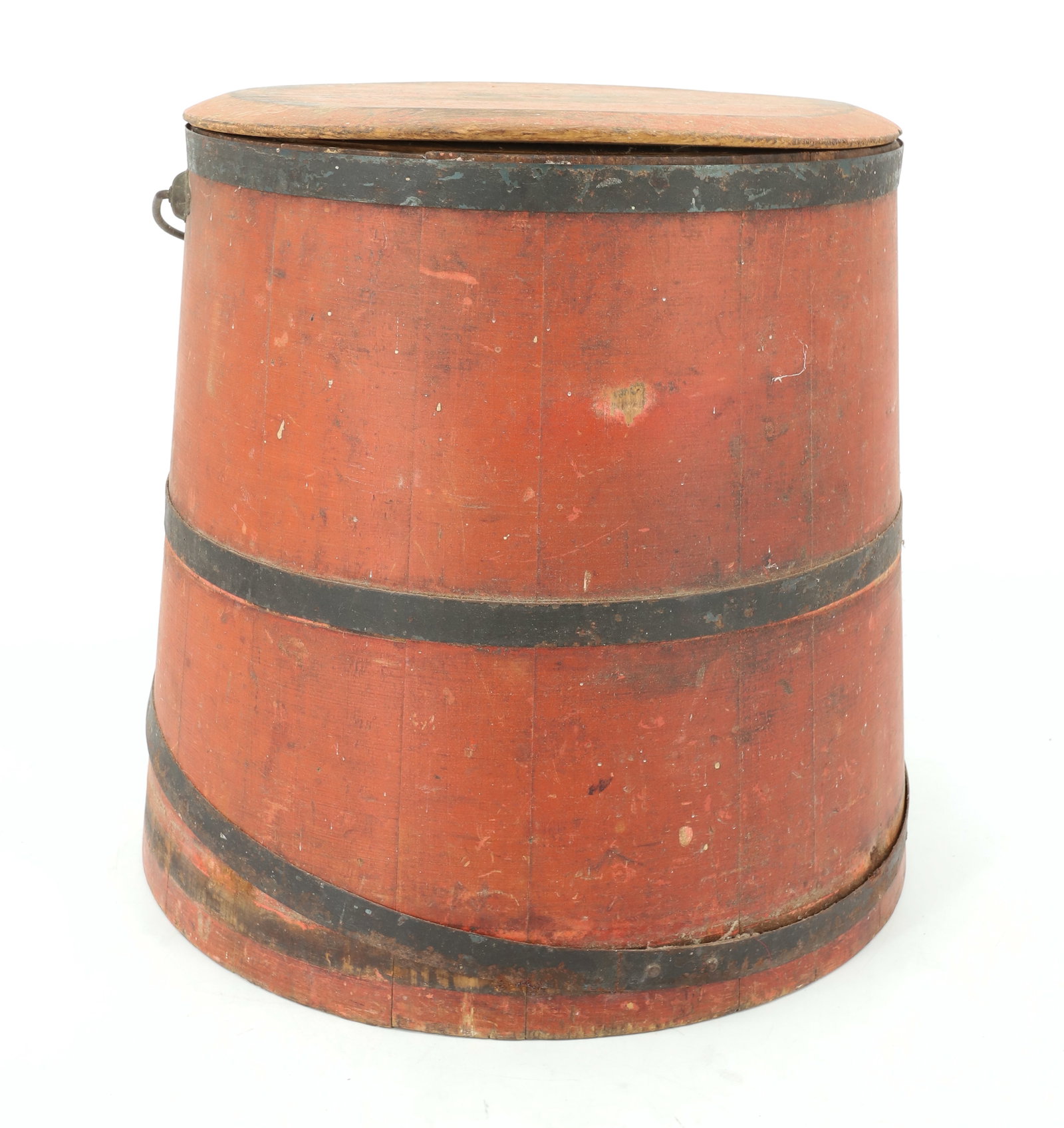 RED PAINTED STORAGE BUCKET: ORIGINAL RED WITH BLACK BANDS AND LID. 14" X 12 1/2". PLEASE READ CAREFULLY - ITEMS MUST BE PAID FOR THROUGH LIVE AUCTIONEERS OR WITH CASH OR CHECK IN PERSON - Terms for Purchasing and Shipping of Auc