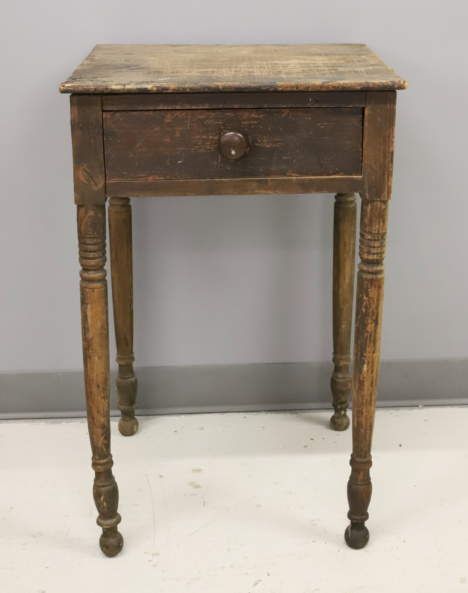 19TH C. ONE DRAWER WORK TABLE: DOVETAILED DRAWER WITH TURNED LEGS. DARK FINISH. 28 1/2" X 18" X 17". PLEASE READ CAREFULLY - ITEMS MUST BE PAID FOR THROUGH LIVE AUCTIONEERS OR WITH CASH OR CHECK IN PERSON - Terms for Purchasing