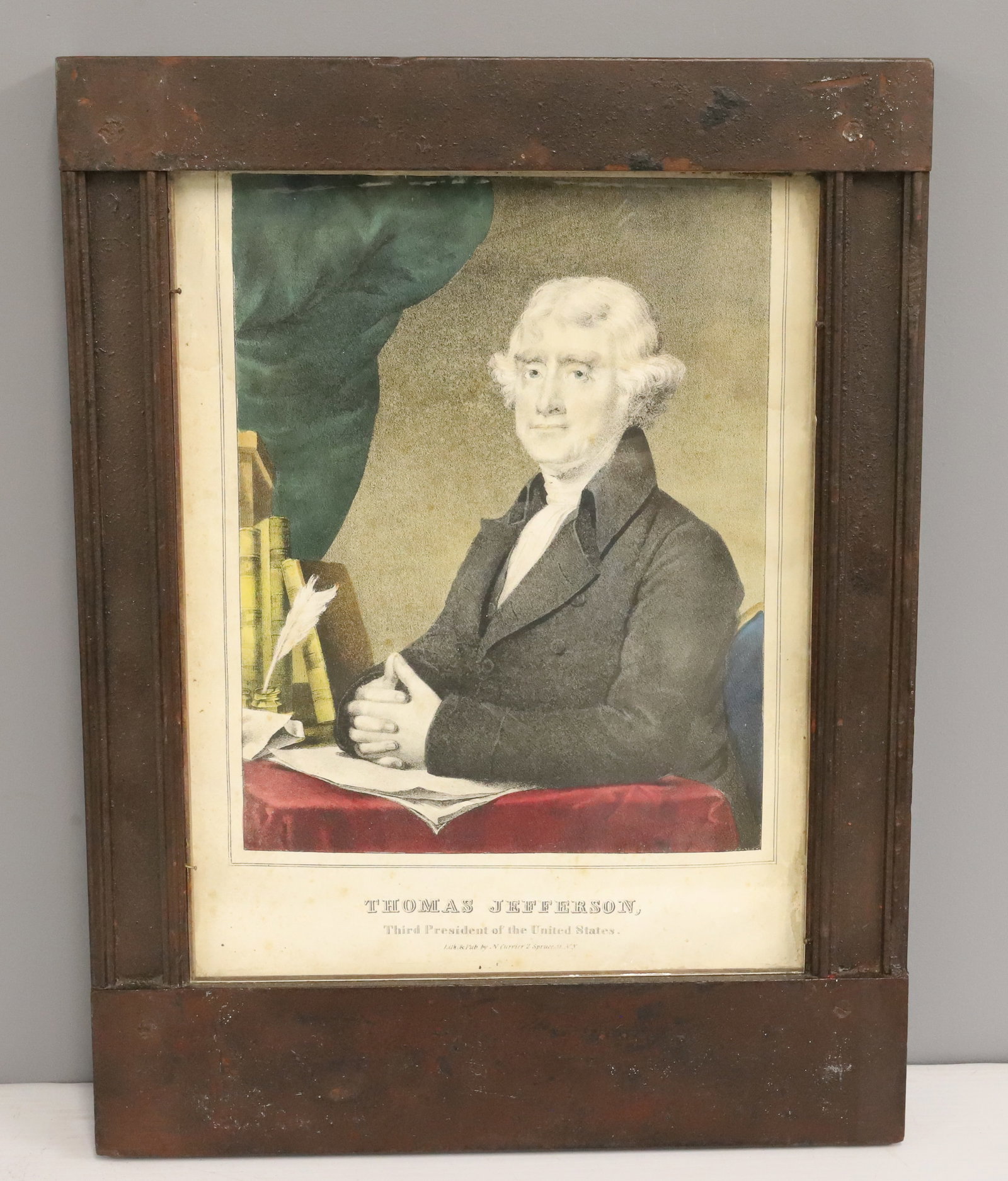 N. CURRIER "THOMAS JEFFERSON" LITHOGRAPH: UNUSUAL FRAME SURROUNDING LITHO. 18 3/8" X 13 7/8". PLEASE READ CAREFULLY - ITEMS MUST BE PAID FOR THROUGH LIVE AUCTIONEERS OR WITH CASH OR CHECK IN PERSON - Terms for Purchasing and Shipping of