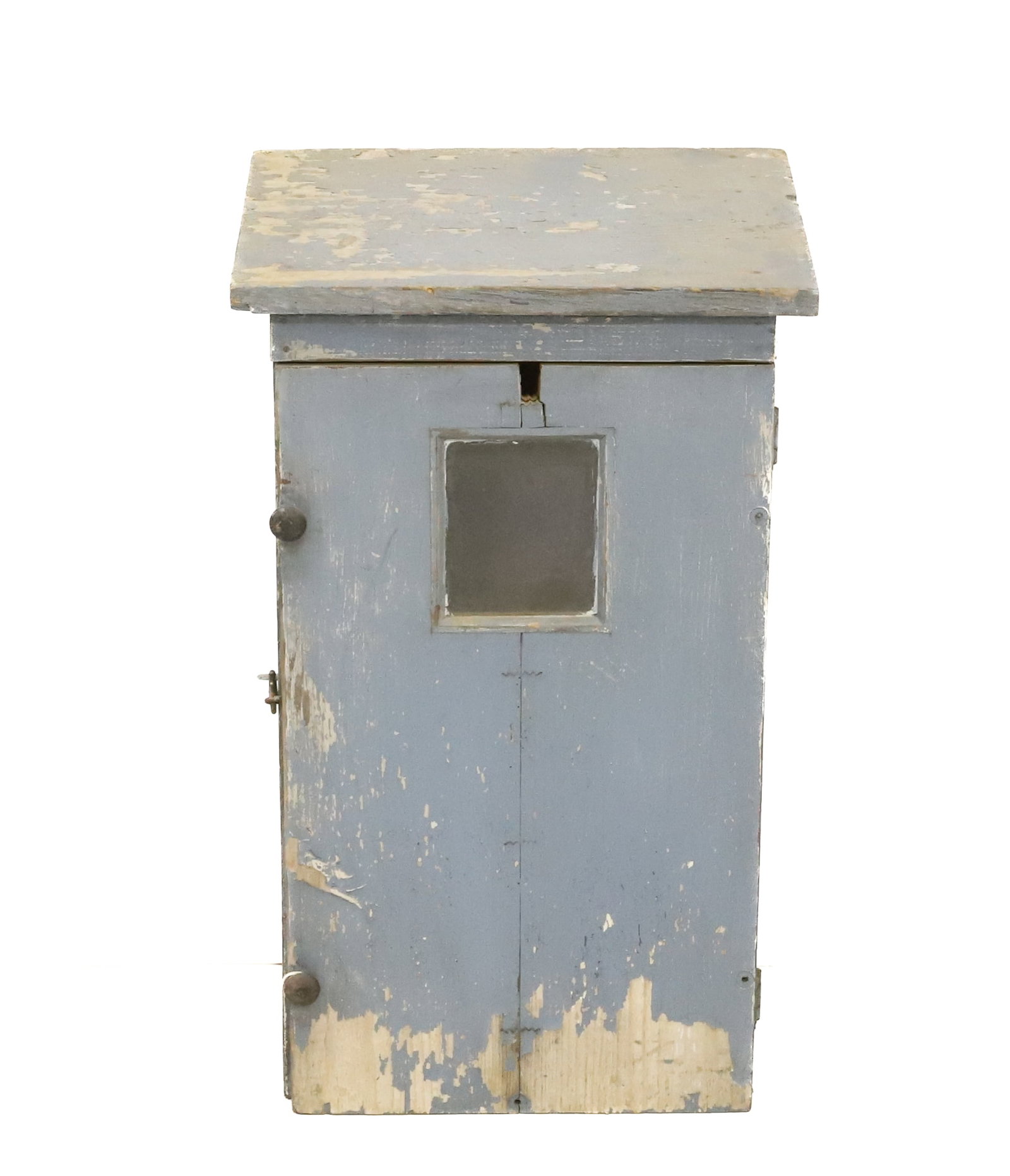 PAINTED WOODEN ELECTRICAL BOX: GRAY PAINTED EXTERIOR WITH SLANTED LID AND SQUARE GLASS IN DOOR. 25" X 15" X 11". PLEASE READ CAREFULLY - ITEMS MUST BE PAID FOR THROUGH LIVE AUCTIONEERS OR WITH CASH OR CHECK IN PERSON - Terms for