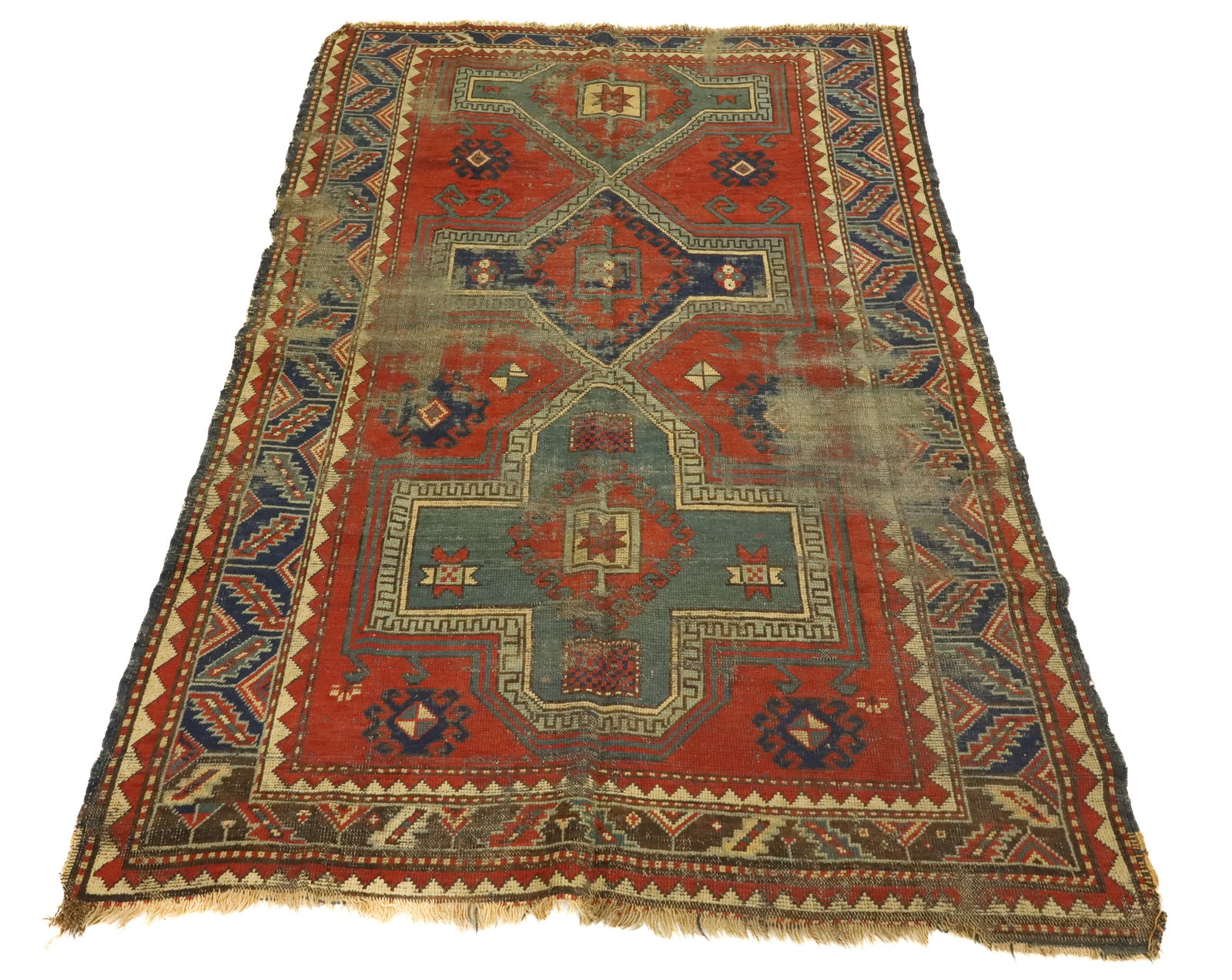 ANTIQUE ORIENTAL RUG: RED/BLUE/GREEN/TAN. 80" X 57". MULTIPLE BORDERS. PLEASE READ CAREFULLY - ITEMS MUST BE PAID FOR THROUGH LIVE AUCTIONEERS OR WITH CASH OR CHECK IN PERSON - Terms for Purchasing and Shipping of Auction
