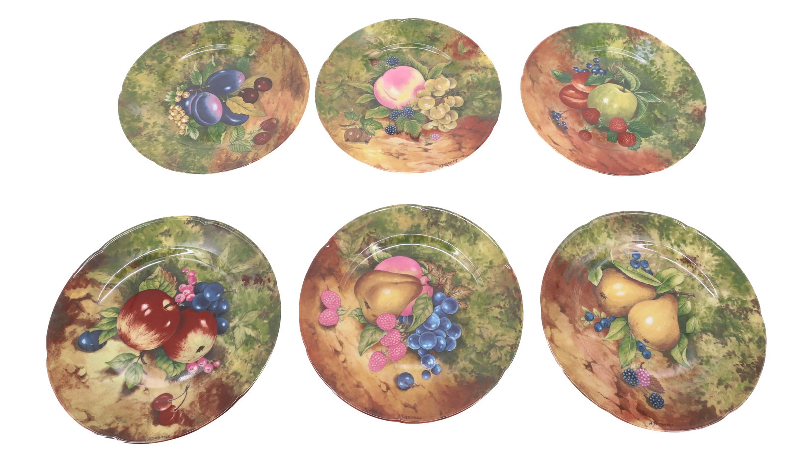 (6) ROCHARD LIMOGES DESSERT / FRUIT PLATES: SIX DIFFERENT FRUIT MOTIFS. STAMPED ON FRONT EDGE AND BACK. 7 1/2" D. PLEASE READ CAREFULLY - ITEMS MUST BE PAID FOR THROUGH LIVE AUCTIONEERS OR WITH CASH OR CHECK IN PERSON - Terms for Purchasing