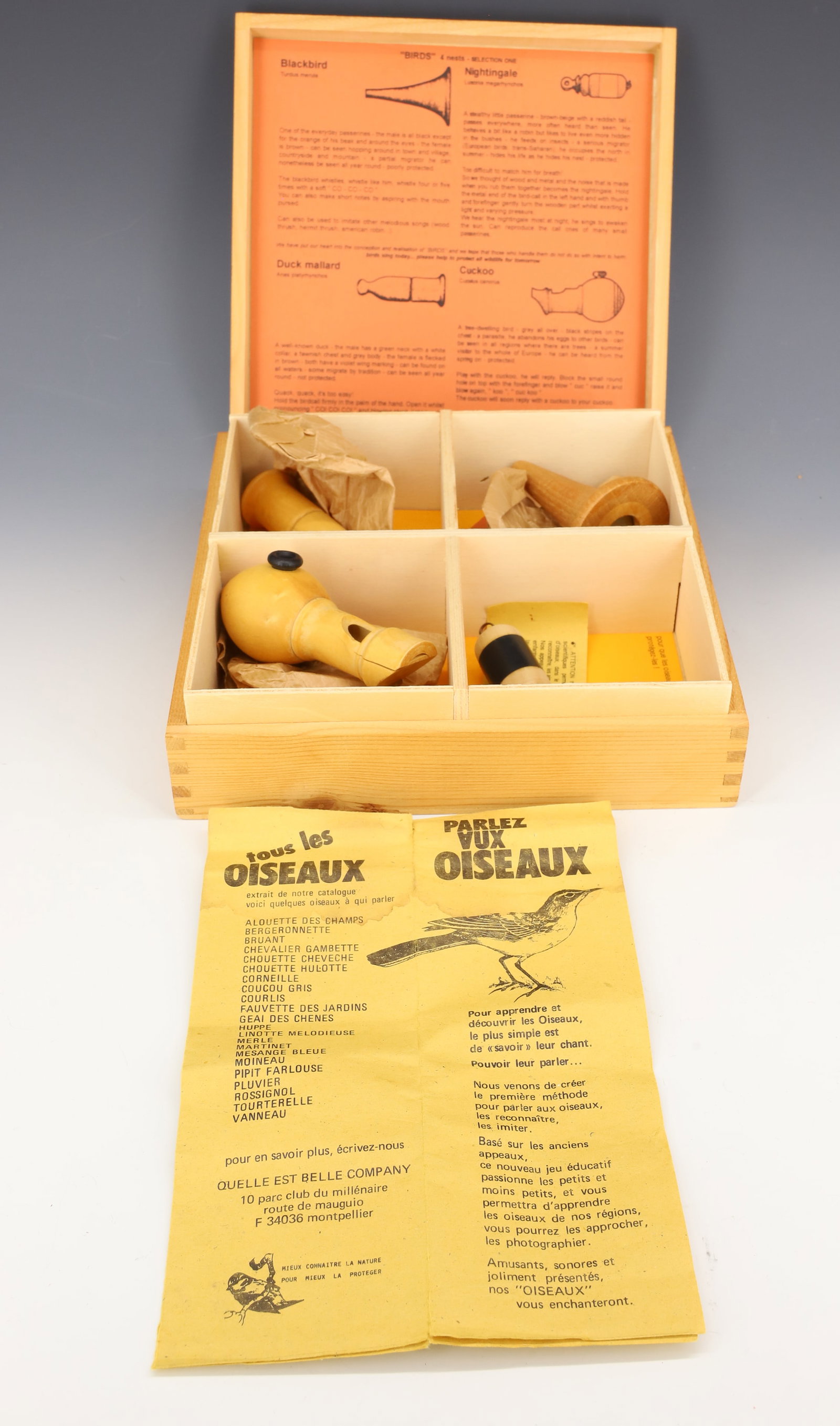 LOT OF (4) BIRD CALLS: QUELLE EST BELLE COMPANY, FRANCE 1999. CALLS INCLUDE: BLACKBIRD, NIGHTINGALE, DUCK MALLARD AND CUCKOO. IN DIVIDED BOX. PLEASE READ CAREFULLY - ITEMS MUST BE PAID FOR THROUGH LIVE AUCTIONEERS OR WITH C