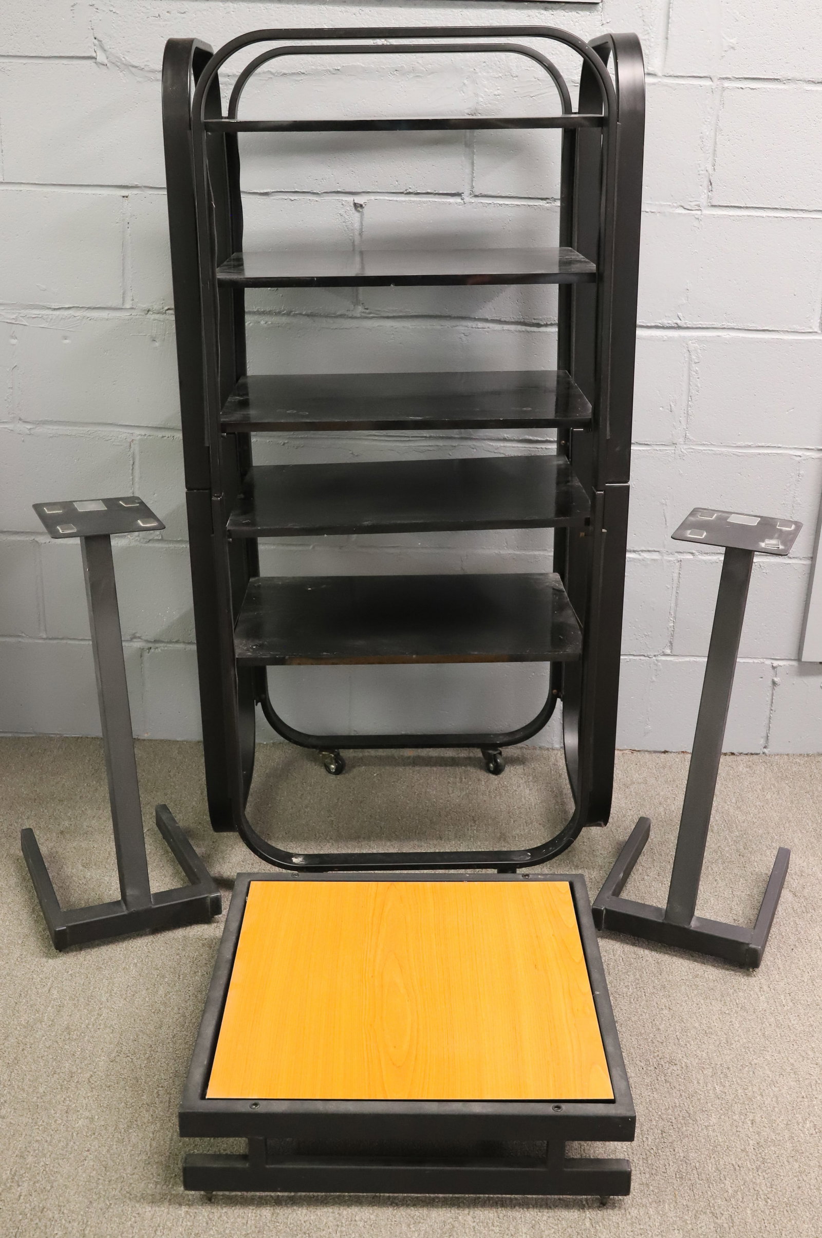 SPEAKER STANDS AND COMPONENT RACK: (3) METAL STANDS AND RACK WITH FIVE SHELVES PLEASE READ CAREFULLY - ITEMS MUST BE PAID FOR THROUGH LIVE AUCTIONEERS OR WITH CASH OR CHECK IN PERSON - Terms for Purchasing and Shipping of Auction