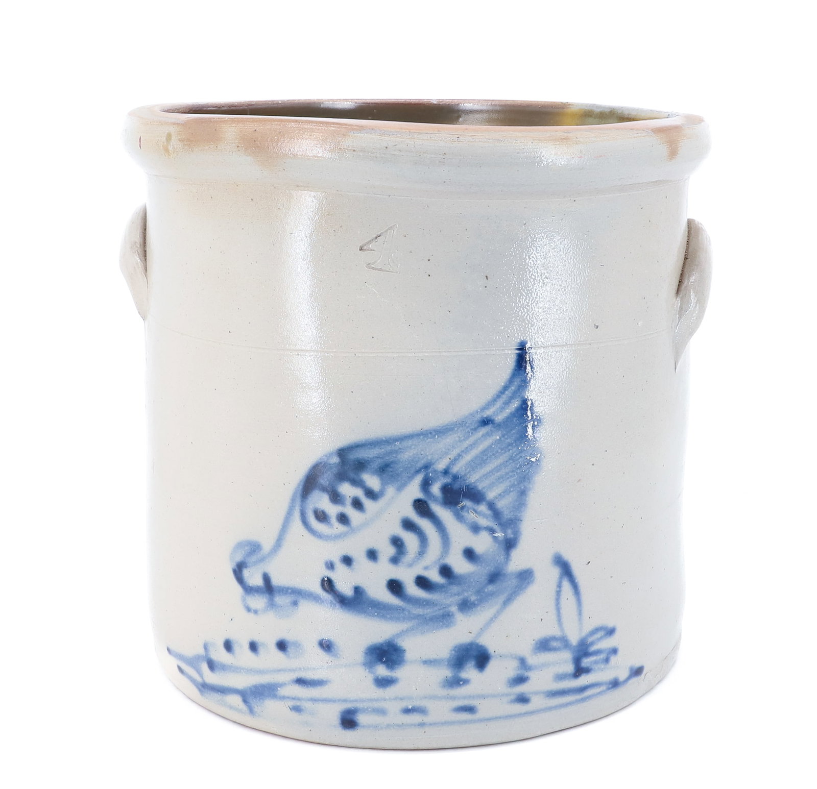 FOUR-GALLON "CHICKEN PECKING CORN" STONEWARE CROCK: BLUE DECORATED CHICKEN WITH GROUND COVER. IMPRESSED "4". 11 1/4" X 11 1/2".