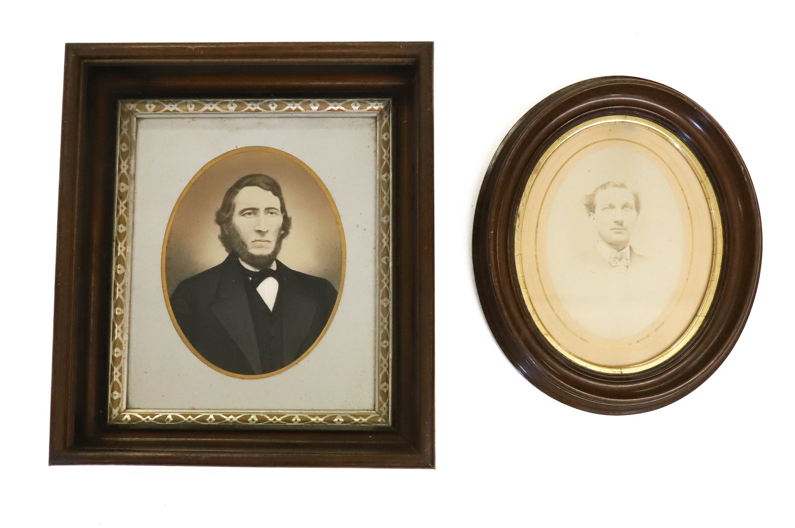 (2) WALNUT VICTORIAN FRAMES: LARGE RECTANGULAR DEEP FRAME WITH HAND COLORED PHOTOGRAPH OF GENTLEMAN. 15 3/4" X 13 3/4" X 2 1/4". SIGHT VIEW 11 3/4" X 9 3/4". WITH, OVAL FRAME SURROUNDING CDV PHOTOGRAPH. 13 1/4" X 11 1/4". SIGHT