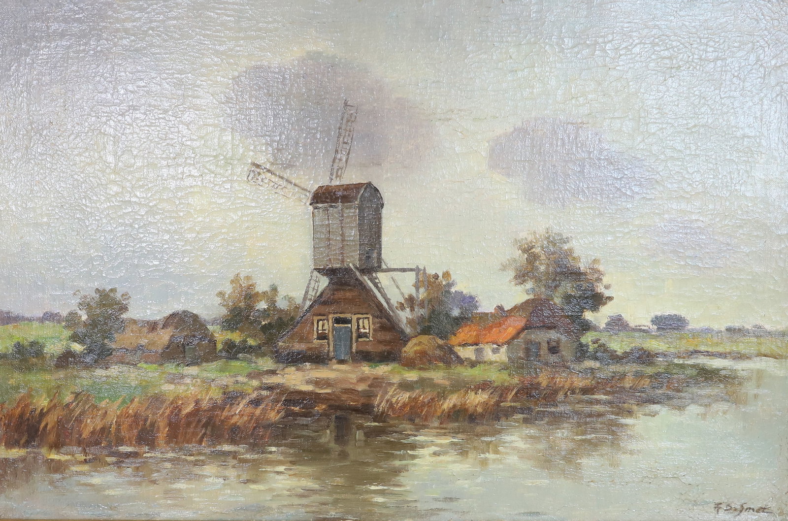WINDMILL OIL ON CANVAS: DUTCH WINDMILL ASIDE OF WATER. SGND. BOTTOM RIGHT "F.D. SMET" FRAMED. 20" X 28".