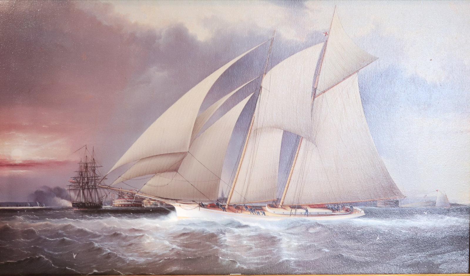 JAMES BUTTERWORTH, "YACHT MAGIC" GICLEE ON CANVAS: YACHT MAGIC DEFENDING AMERICA'S CUP JAMES E. BUTTERWORTH (1817-1894). SIGHT VIEW 19 1/2" X 33". FRAMED SIZE 26 1/2" X 40 1/4".