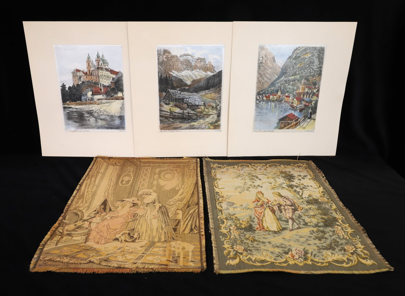 FRENCH TAPESTRIES AND AUSTRIAN WORKS: (2) SMALL TAPESTRIES / PANELS MRKD. FRANCE ON BACK. 17 1/4" X 13". WITH, THREE AUSTRIAN VIEWS ON SILK. TITLED AND MRKD. ON BOTTOM EDGES. SIGHT VIEW 10 1/4" X 7 3/4".