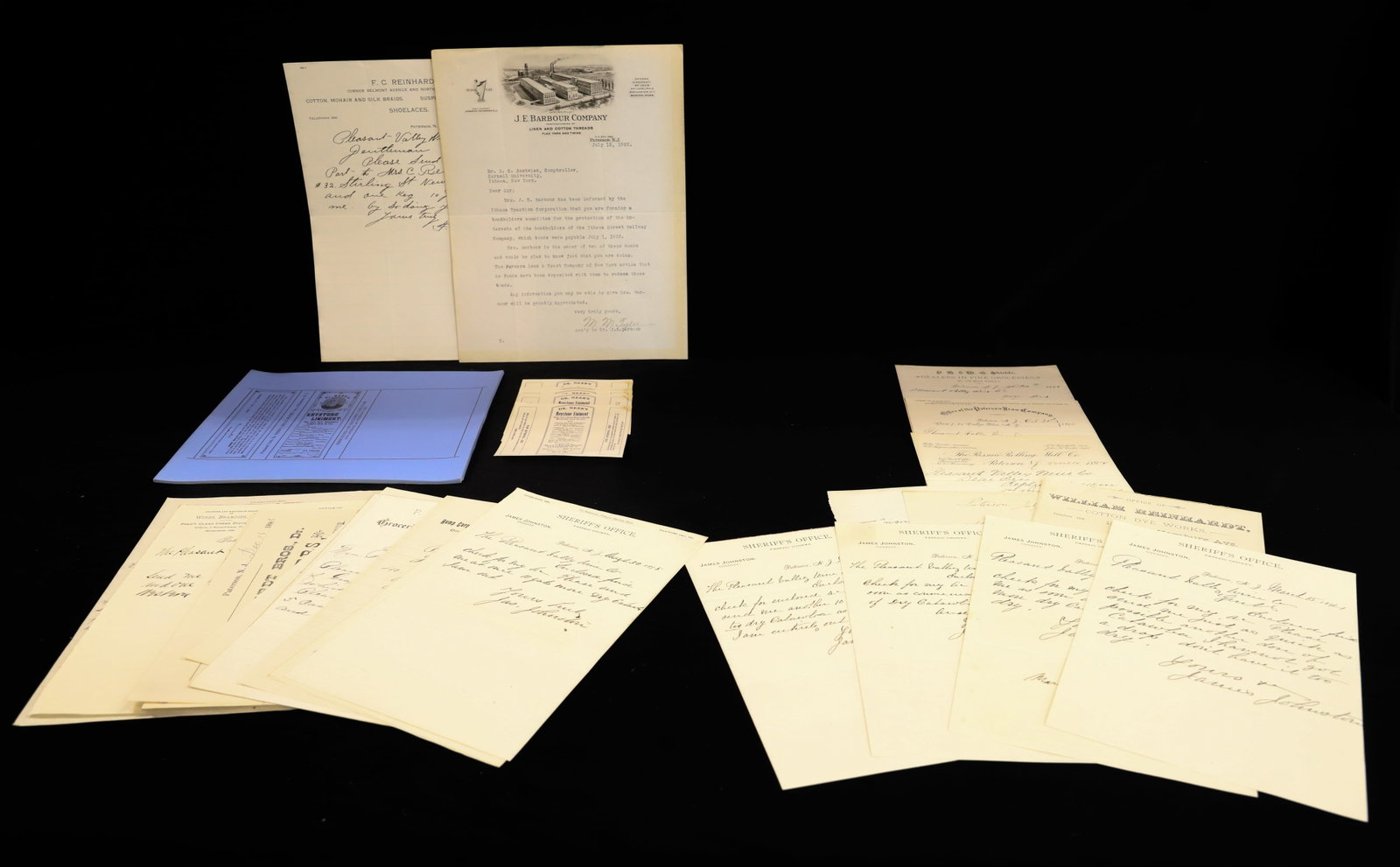 LOT OF ANTIQUE LETTERHEAD / ADVERTISING: 19TH/20TH C. PATERSON, NJ. WINES, LIQUORS, BEERS, GROCERIES, SHERIFF'S OFFICE CORRESPONDENCE, DRUG STORE LABELS, MORE.