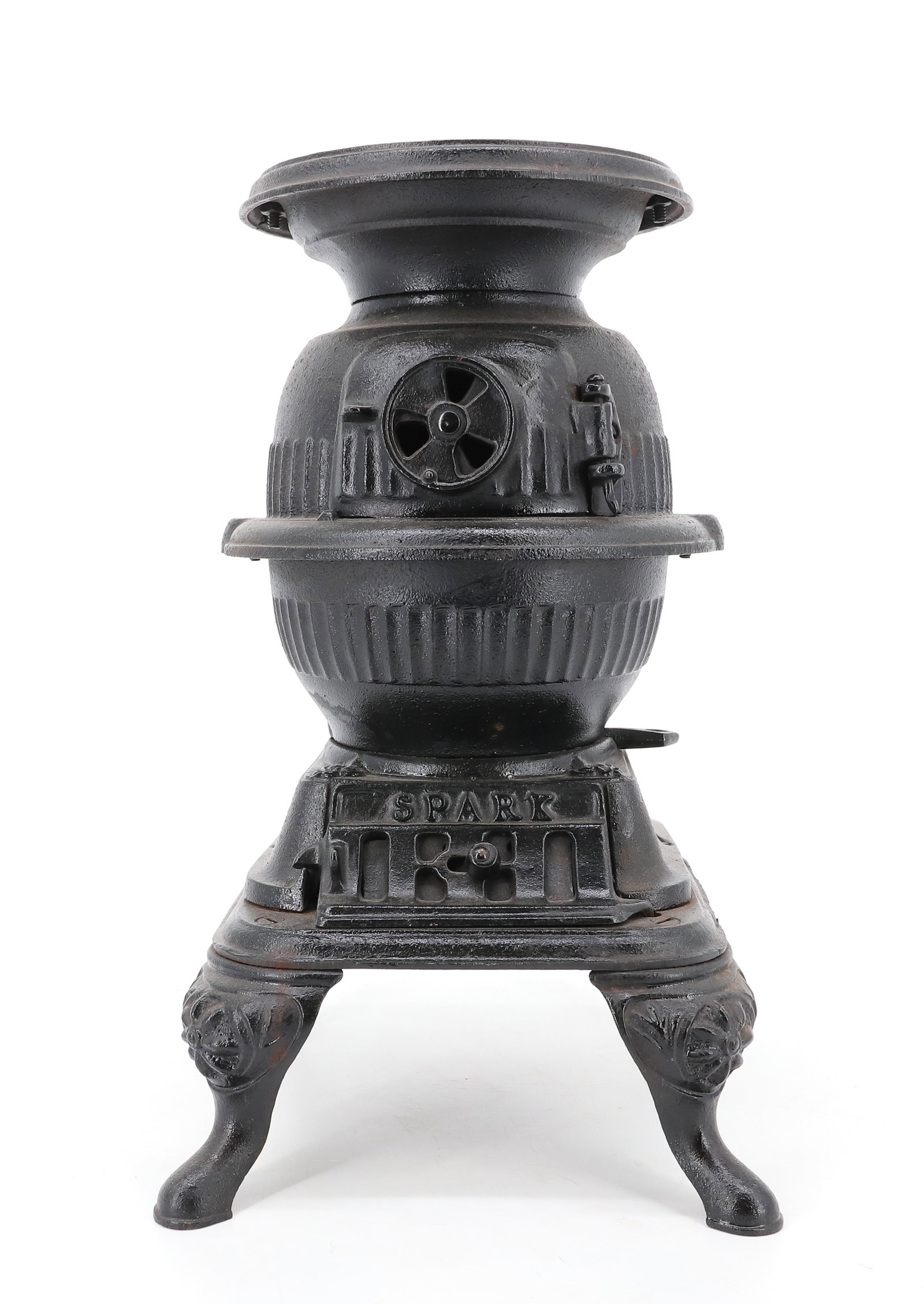 SPARK IRON HEATER POTBELLY STOVE: BLACK PAINTED CAST IRON. MRKD. SPARK ON DOOR. GREY IRON CASTING COMPANY, MT. JOY, PA. (INTERIOR). 14 3/4" H.